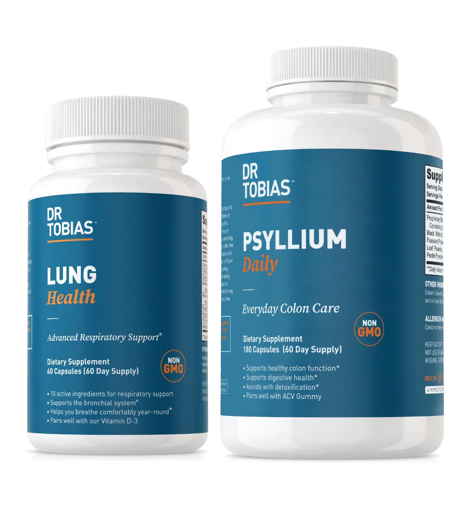 Dr. Tobias Lung Health & Psyllium Daily Supplements Lung Cleanse & Detox Formula Supports Healthy Bowel Movements with Psyllium Husk Vitamin C Butterbur Quercetin Daily Fiber and Lung Supplement - Buy Online on GoSupps.com