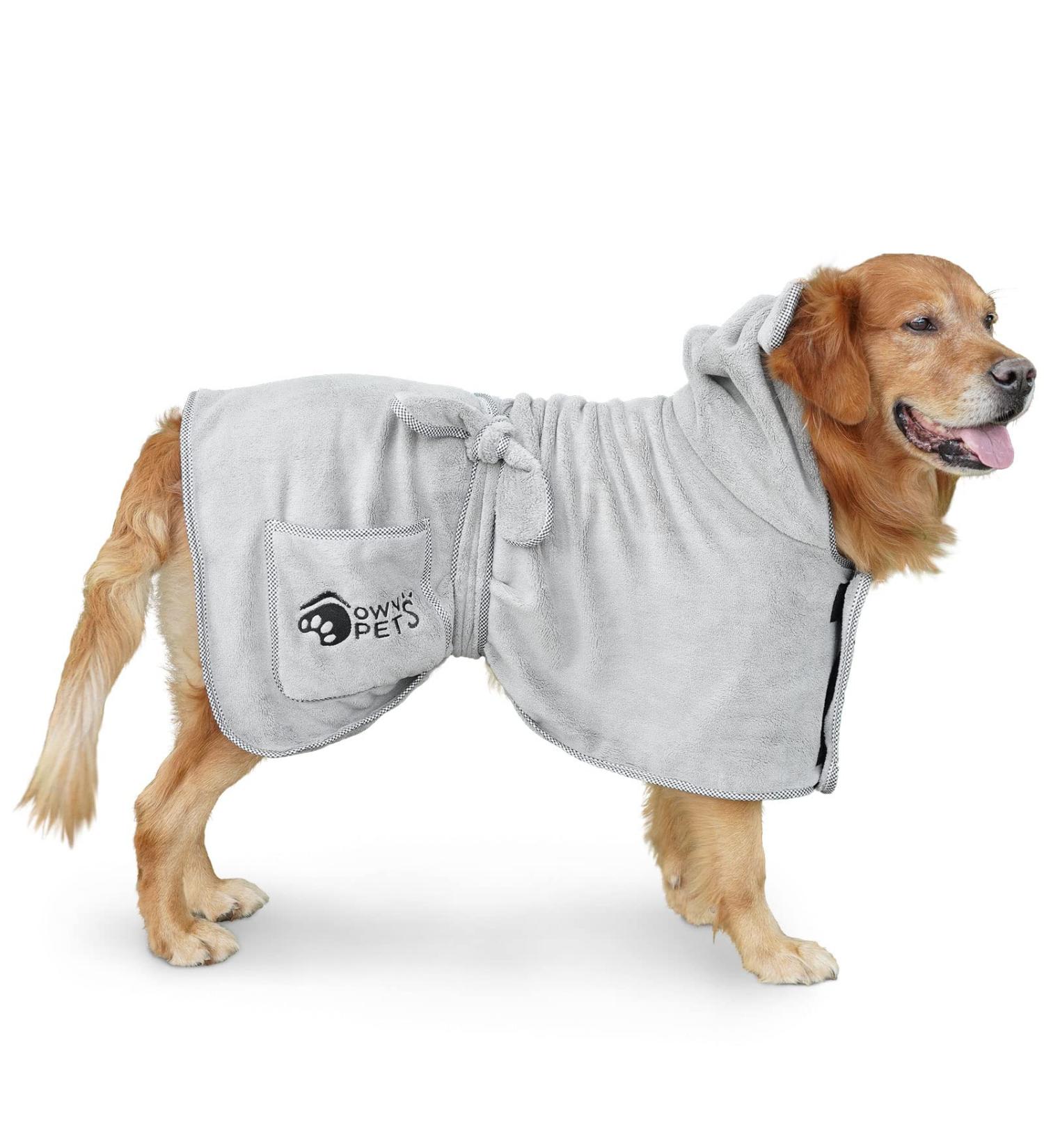 Ownpets Dog Bathing Towel | Quick-Drying Terry Coat with Velcro Fastener & Adjustable Band | Absorbent & Thick | Large Gray - Buy Online on GoSupps.com