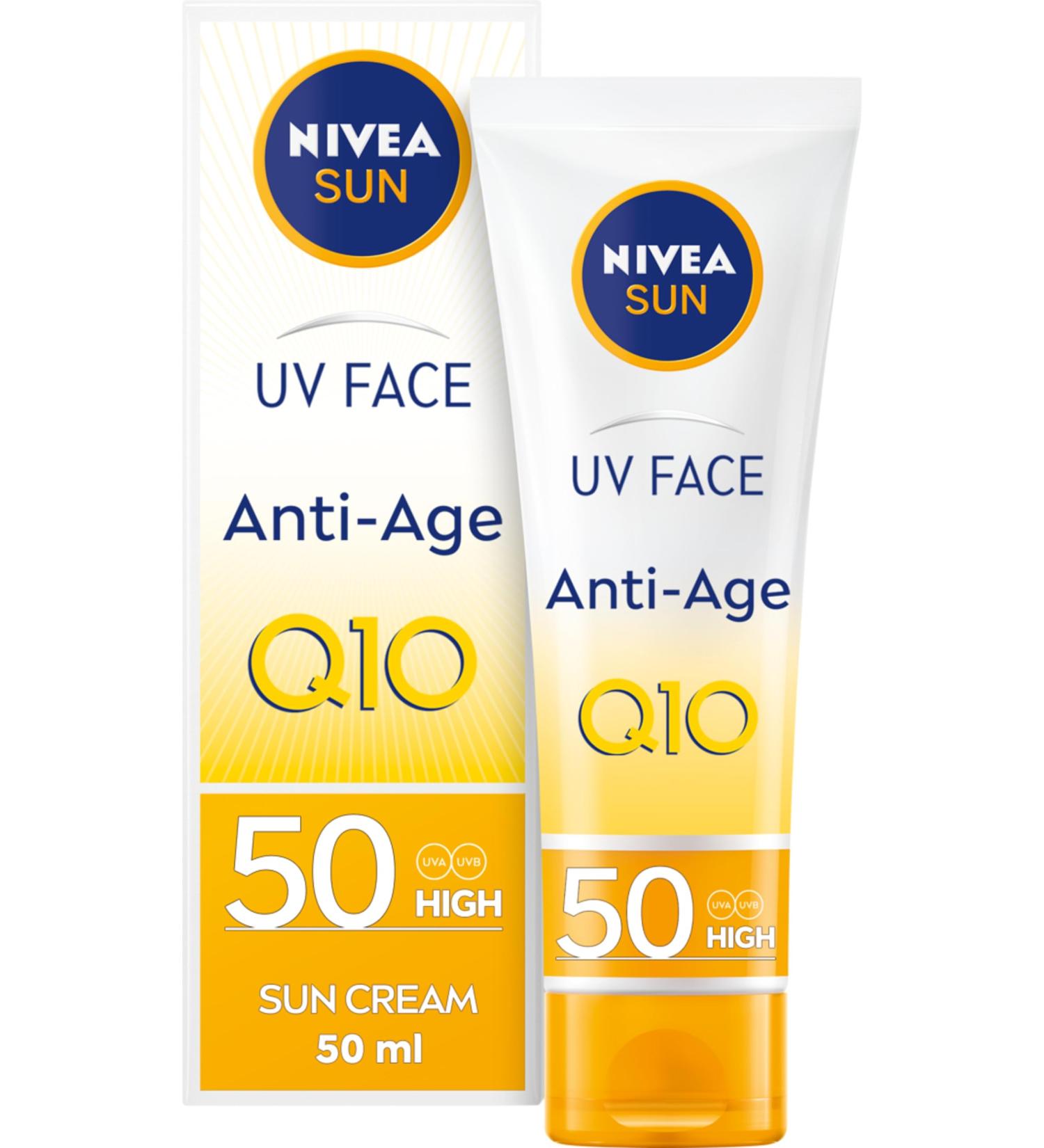 NIVEA SUN UV Face SPF50 Q10 Anti-Age & Anti-Pigment 50ml - UVA/UVB Protection, Anti-Ageing, No White Marks - Buy Online on GoSupps.com
