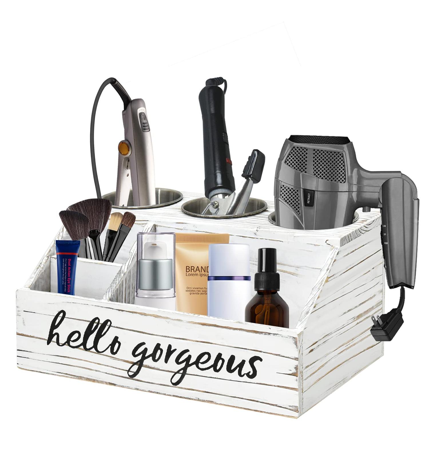 Rustic Hair Tools Organizer and Styling Holder - Bathroom Countertop Storage Stand for Hair Dryer, Flat Iron, Curling Wand, Brushes - Rustic White - Buy Online on GoSupps.com