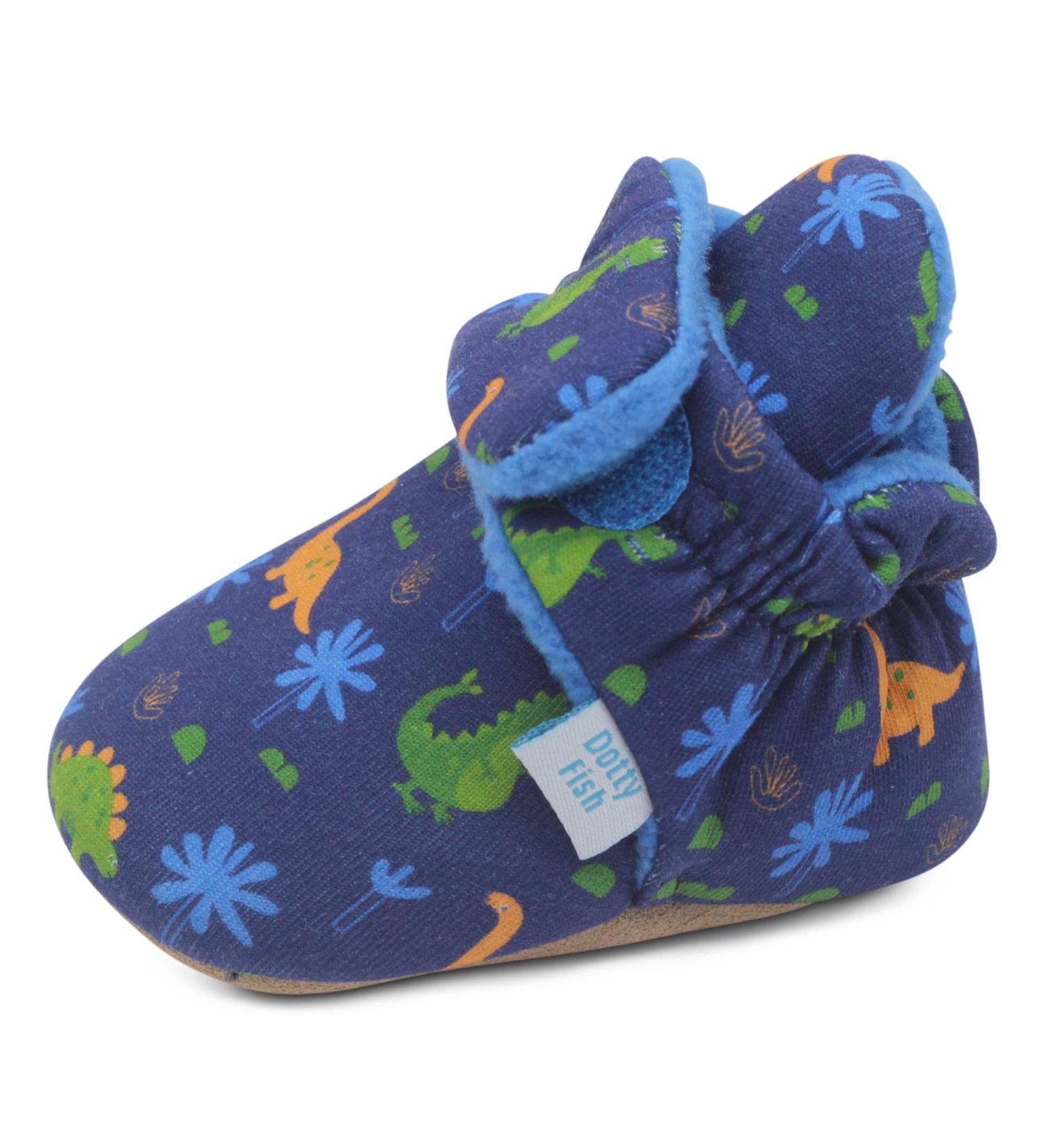 Dotty Fish Cotton Baby Booties | Suede Sole, Fleece Lining | Non-Slip Pram Shoes for Boys, Girls, Unisex | 12-18 Months Navy Blue Dinosaurs - Buy Online on GoSupps.com