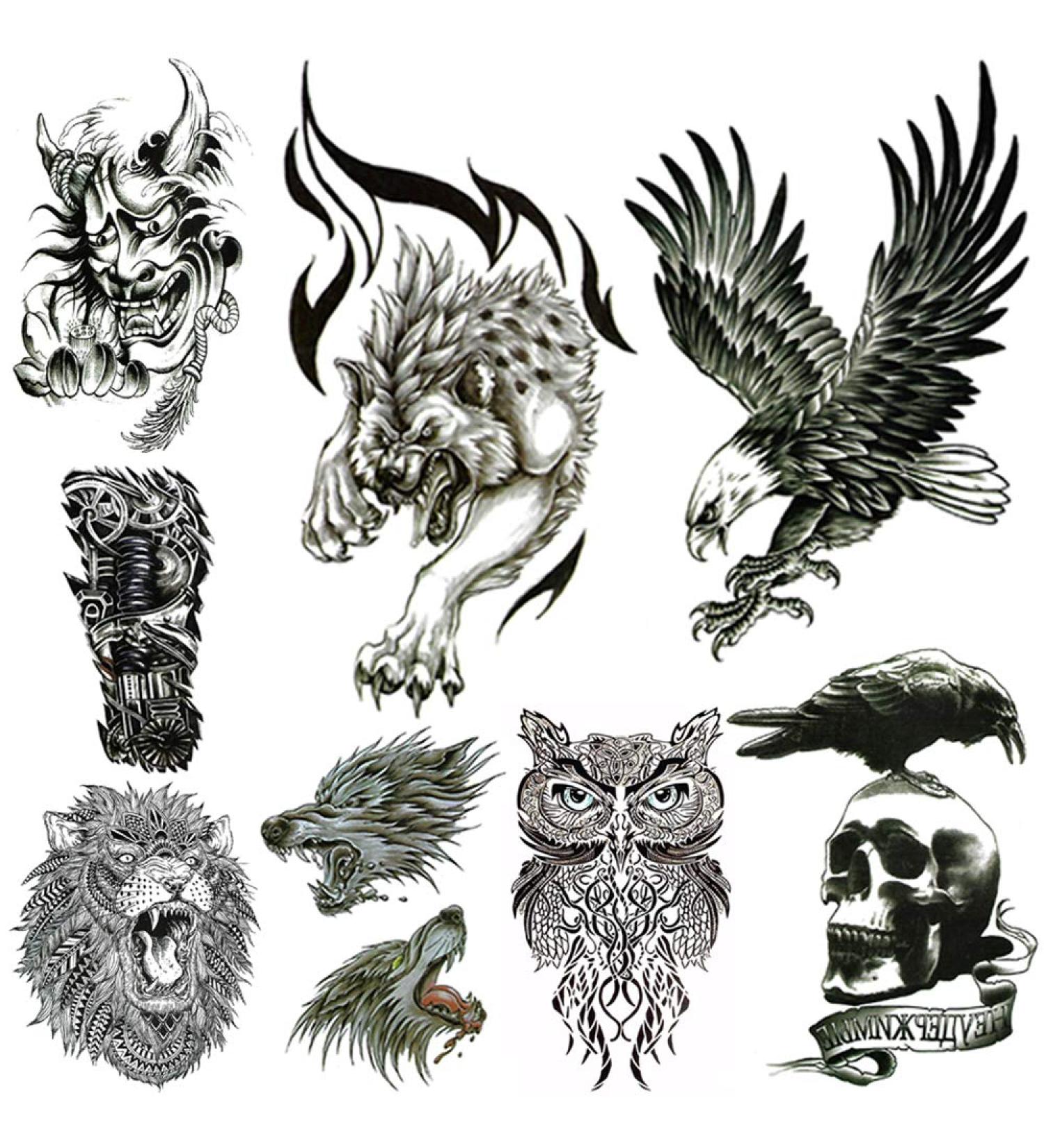 Large Temporary Tattoos for Men - Cool Lion Eagle Owl Wolf Skull Designs - Waterproof Body Stickers (8 Sheets) - Buy Online on GoSupps.com