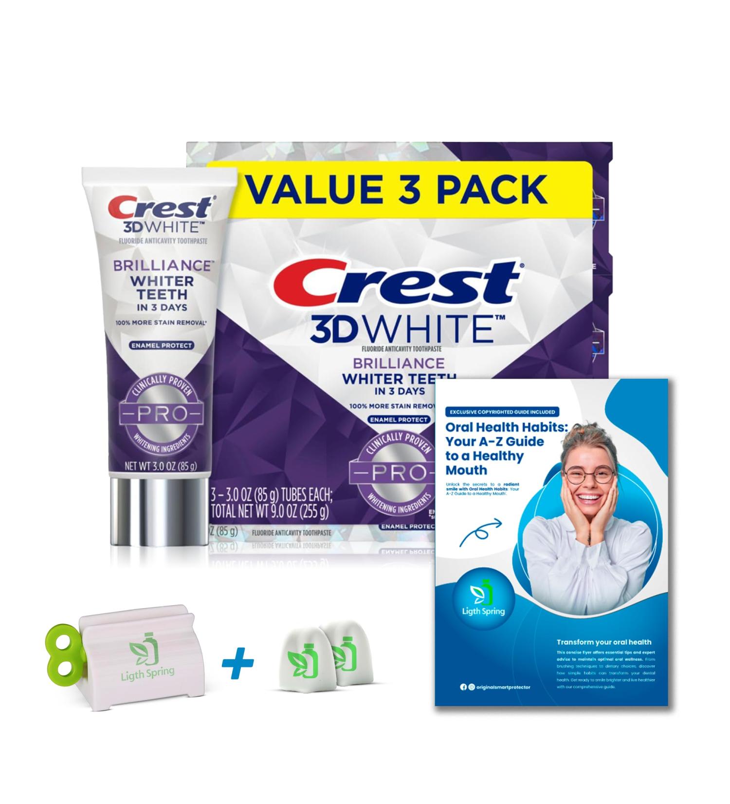 Crest 3D White Brilliance Pro Enamel Protect Toothpaste 3-Pack - Includes Tooth Squeezer & No-Mess Caps | Better Oral Health Guide | International Shipping - Buy Online on GoSupps.com