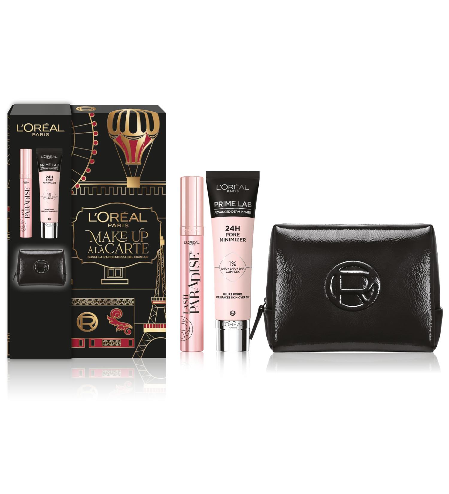 L'Oréal Paris A La Carte Makeup Gift Bag with Paradise Extendable Mascara and Mini Eye Pencil for your Holiday Looks with Elegant Burgundy Red Paint Beauty Case