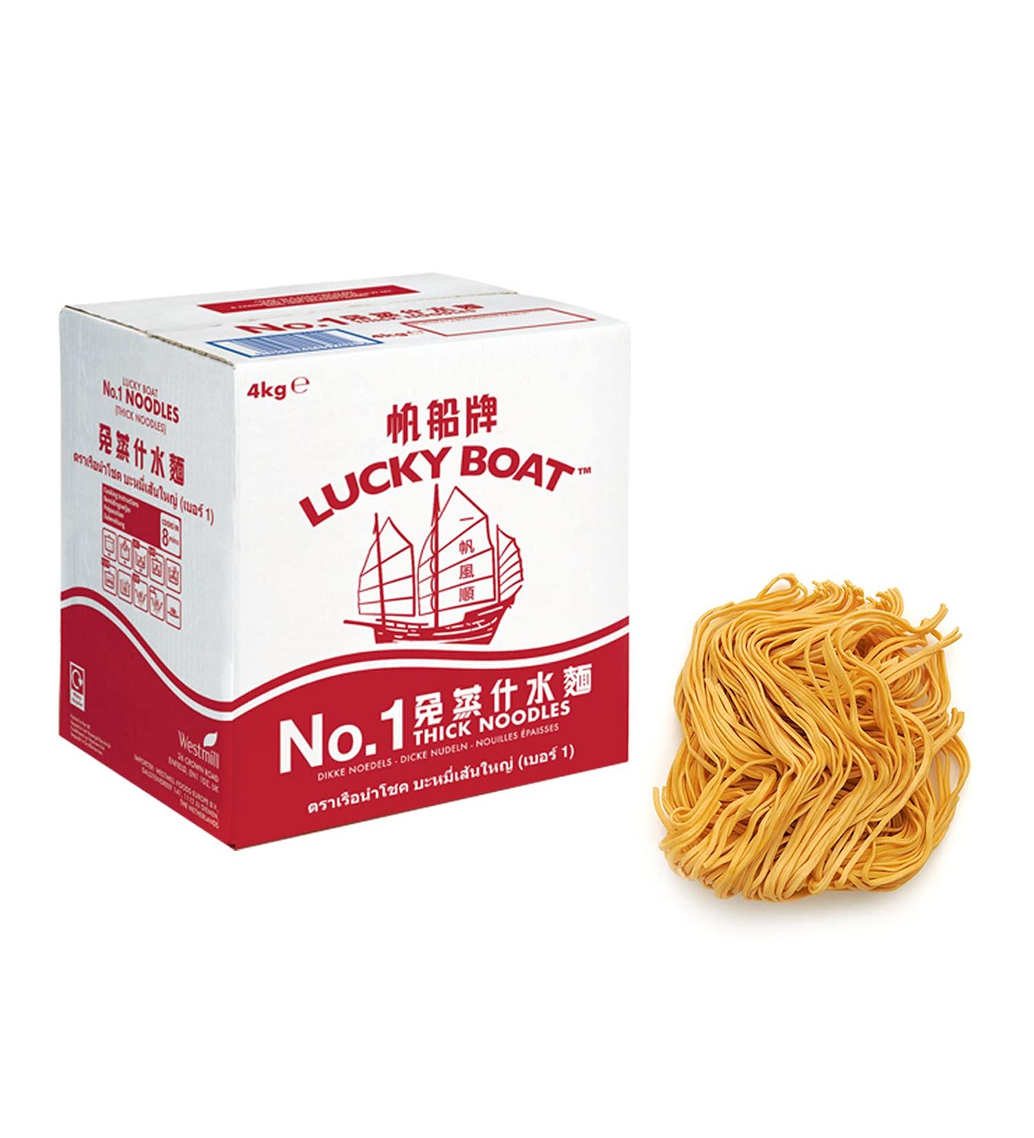 Lucky Boat Thick Chow Mein Noodles 4KG - Restaurant Quality, No.1 Thick Noodles, Egg Free, Bulk Vegan Wheat Noodles for Stir-Fry - Chinese Noodles - 4kg Pack - Buy Online on GoSupps.com