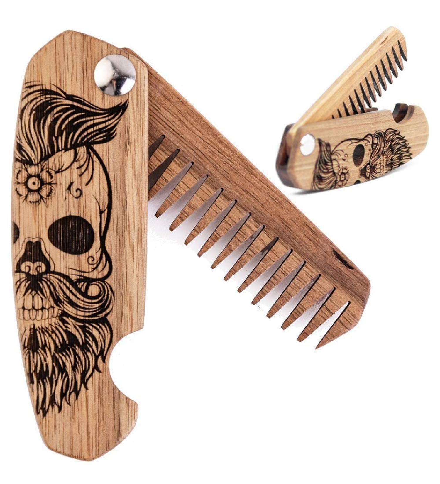 Handcrafted Wooden Pocket Beard Comb for Men - Walnut Folding Comb with Sugar Skull Engraving - Buy Online on GoSupps.com