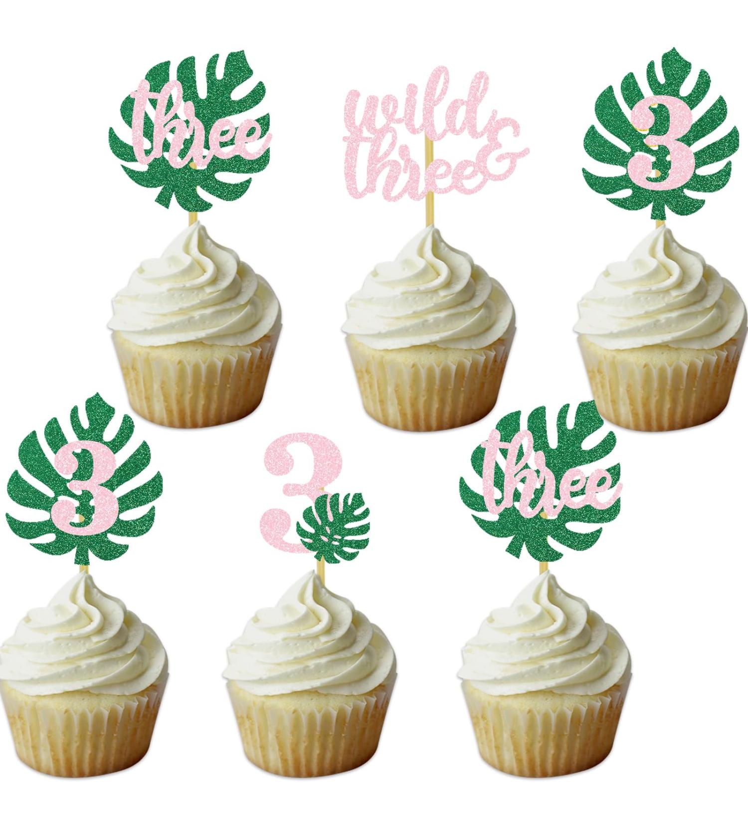 Safari Wild Three Cupcake Topper 3rd Birthday Party Decoration For Girl Jungle Glitter Tropical Leaf Food Picks Pink 3 - Buy Online on GoSupps.com