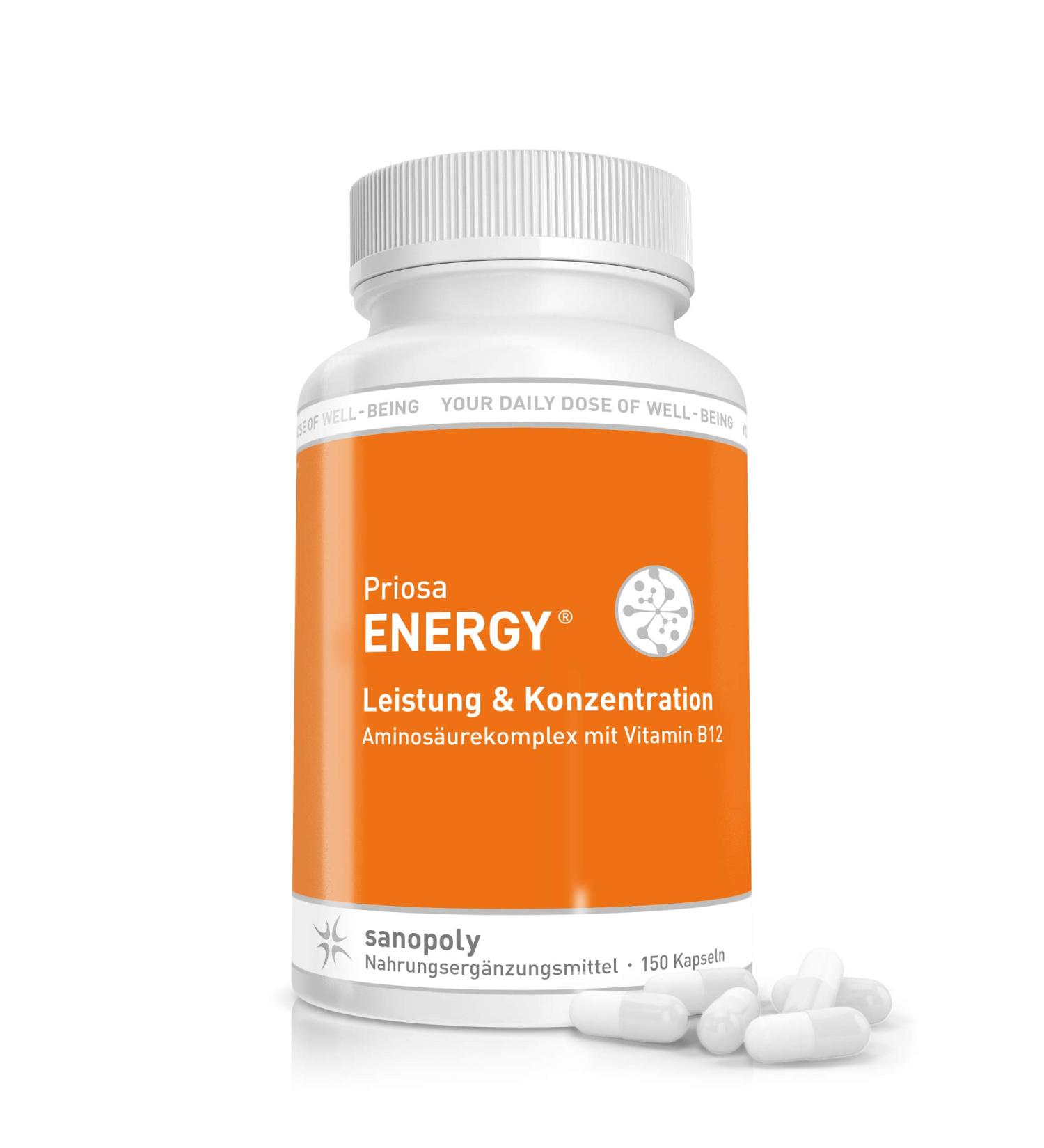 Sanopoly Priosa Energy 150 Vegan Capsules | Supports Muscle Function | 16 Protein-Forming Amino Acids | Expert Transported Recipe - Buy Internationally! - Buy Online on GoSupps.com