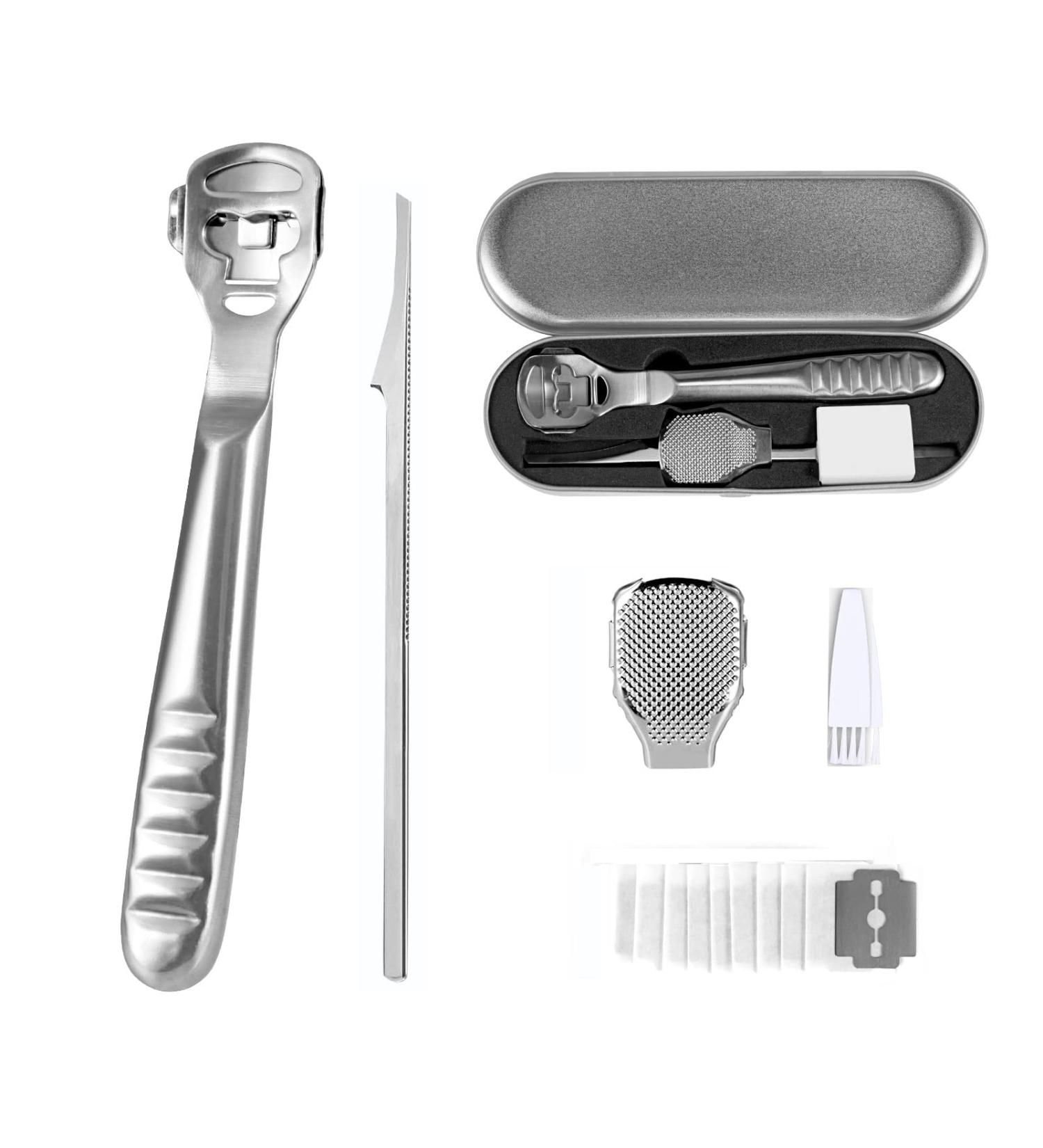 Stainless Steel Hornhaut Hobel Foot Scraper Set - Corn al Remover & Pedicure Tools with 10 Replacement Blades for Effective Hard Skin & Heel Care - Buy Online on GoSupps.com