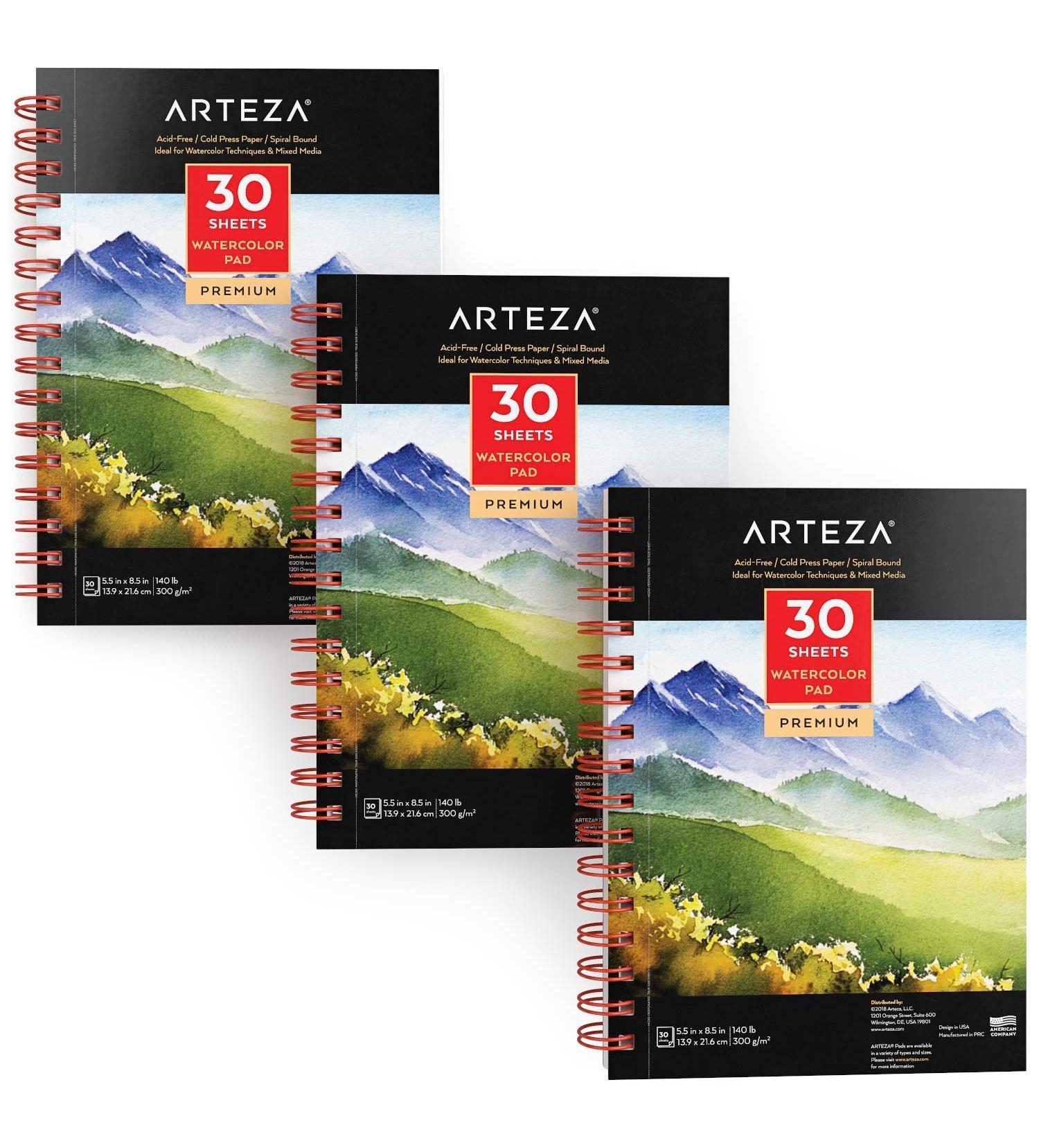 Arteza Premium Watercolor Paper Pad 5.5x8.5 - 3 Pack | 90 Sheets, 300gsm, Cold-Pressed, Acid-Free | Spiral Bound Watercolor Paper for Techniques and Mixed Media - Buy Online on GoSupps.com