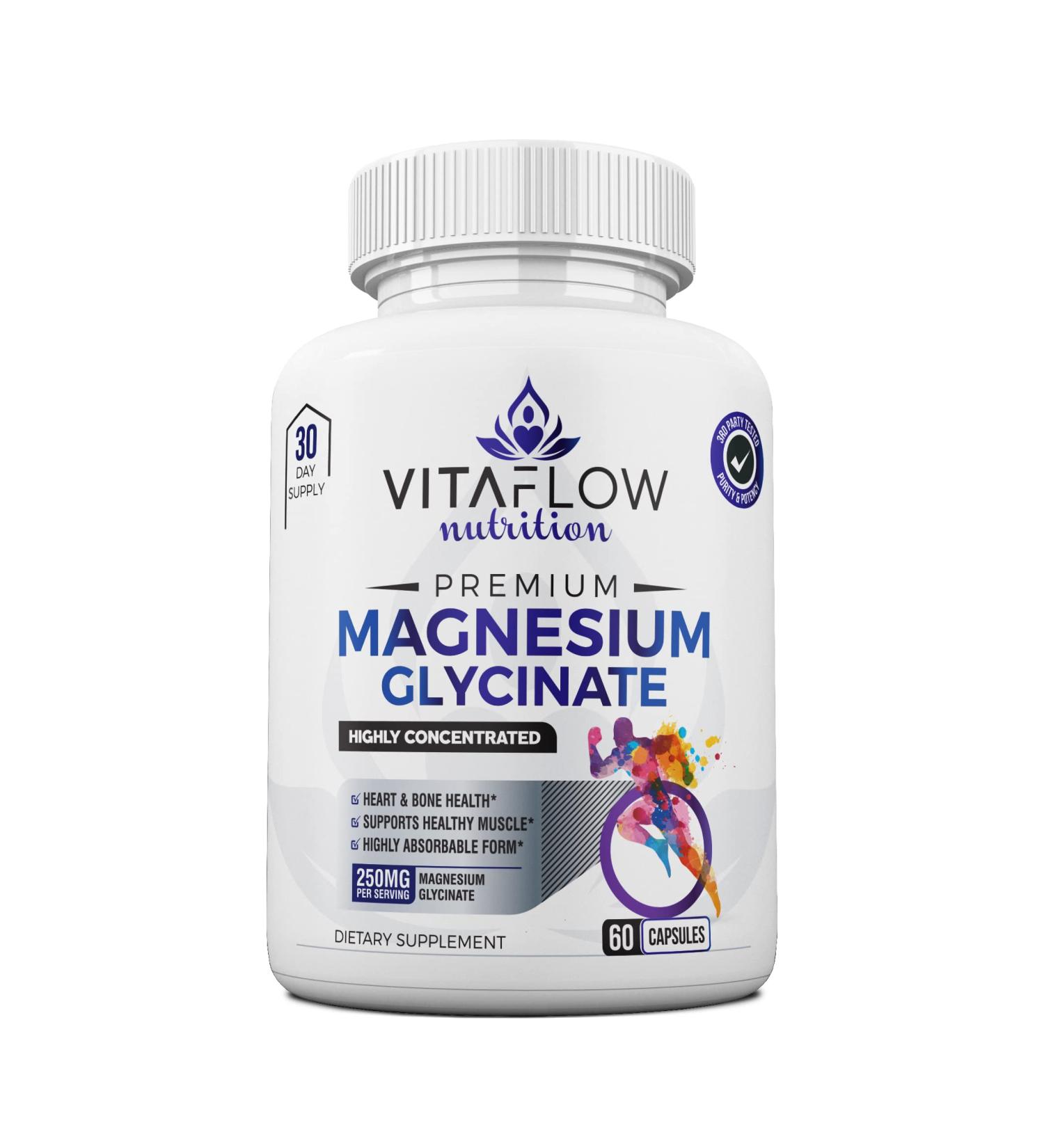 VitaFlow Nutrition Magnesium Glycinate Supplement - 60 Capsules 250mg - 30 Day Supply - High Absorption for Muscle, Heart, Bone & Nerve Support - Men & Women - Buy Online on GoSupps.com