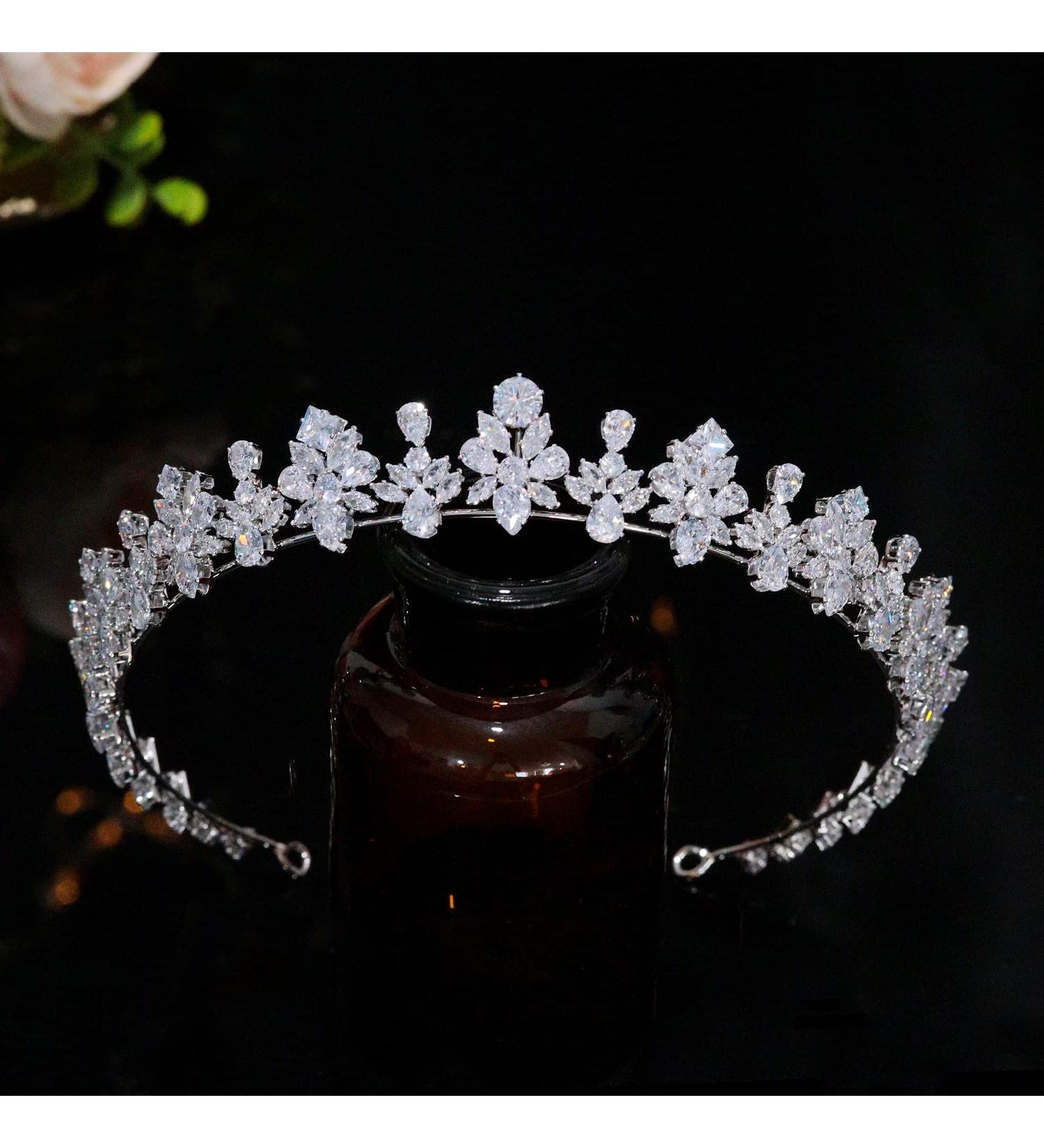 Jorsnovs Small Cubic Zirconia Crown for Women - Bridal Wedding Tiaras | CZ Queen Quinceanera & Birthday Party Hair Accessories - Silver - Buy Online on GoSupps.com