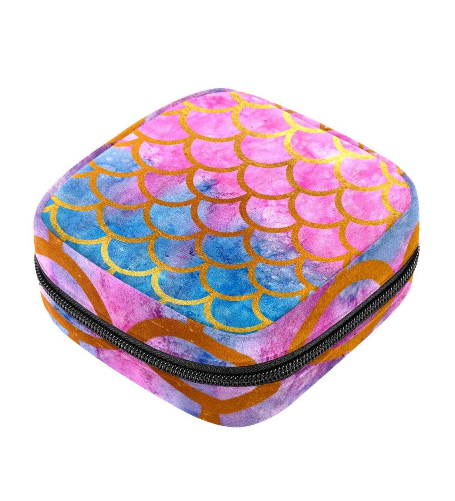 Colorful Mermaid Fish Scales Sanitary Napkin Storage Bag | Portable First Period Pads & Tampons Holder | Large Capacity Makeup Bag for Girls & Women - Buy Online on GoSupps.com