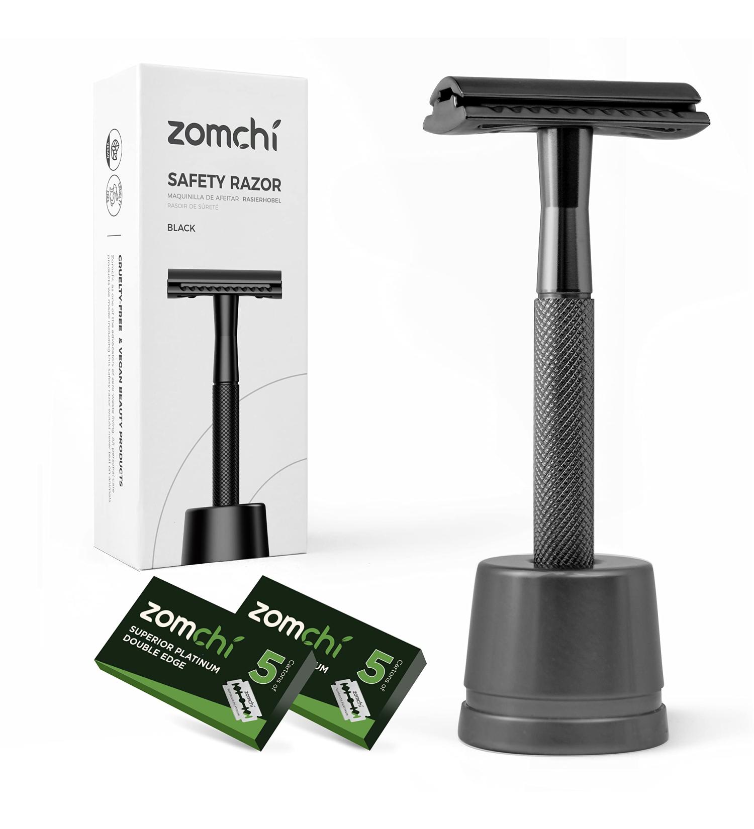 Black Stainless Steel Safety Razor with Base & 10 Blades | Eco-Friendly Double Edge Razor - Perfect for Sustainable Grooming - Buy Online on GoSupps.com