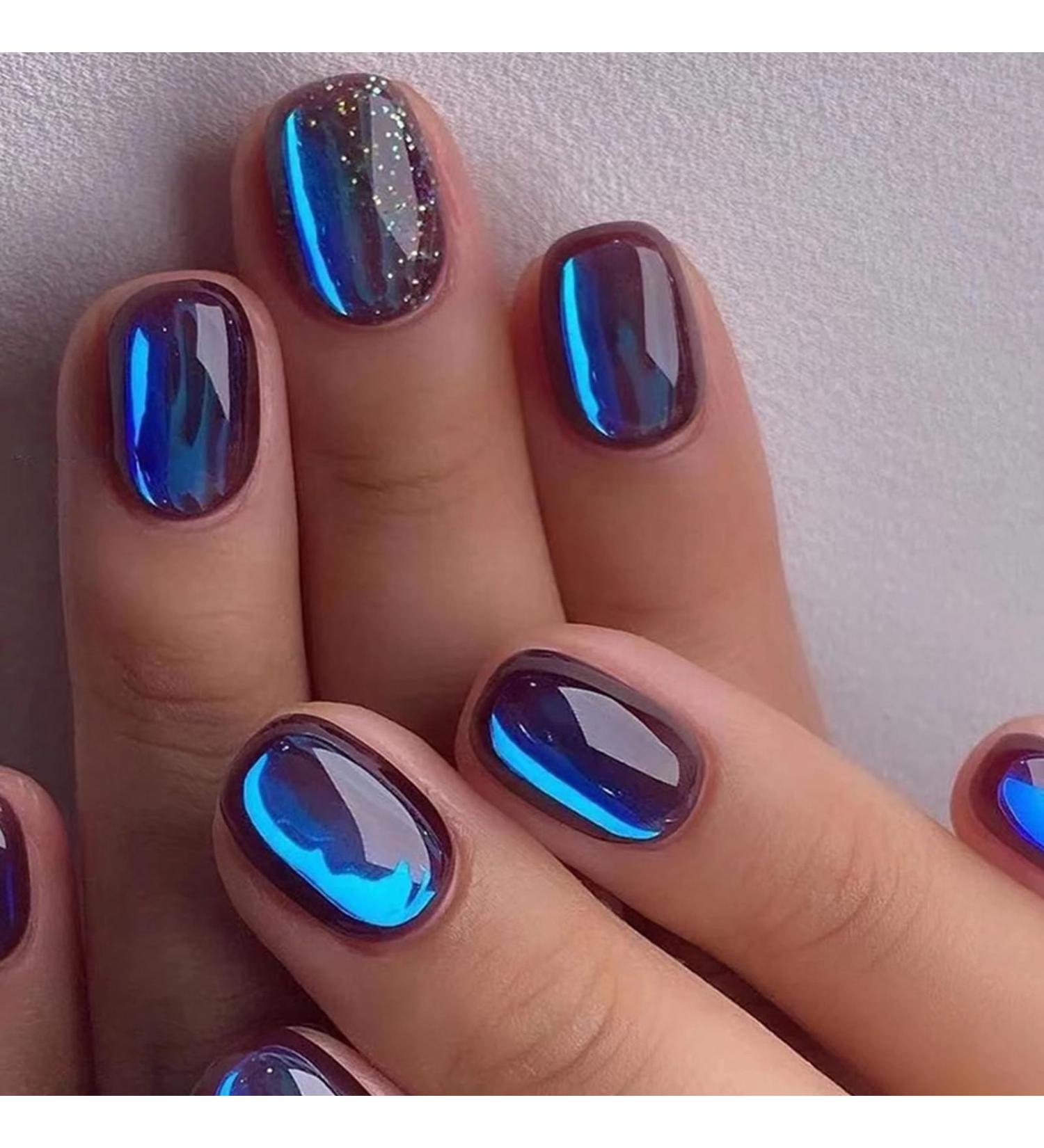 24-Piece Short Angular Press-On Nails Set | Blue Glossy French Fake Acrylic Nails for Women & Girls | Reusable Nail Art Manicure - Buy Online on GoSupps.com