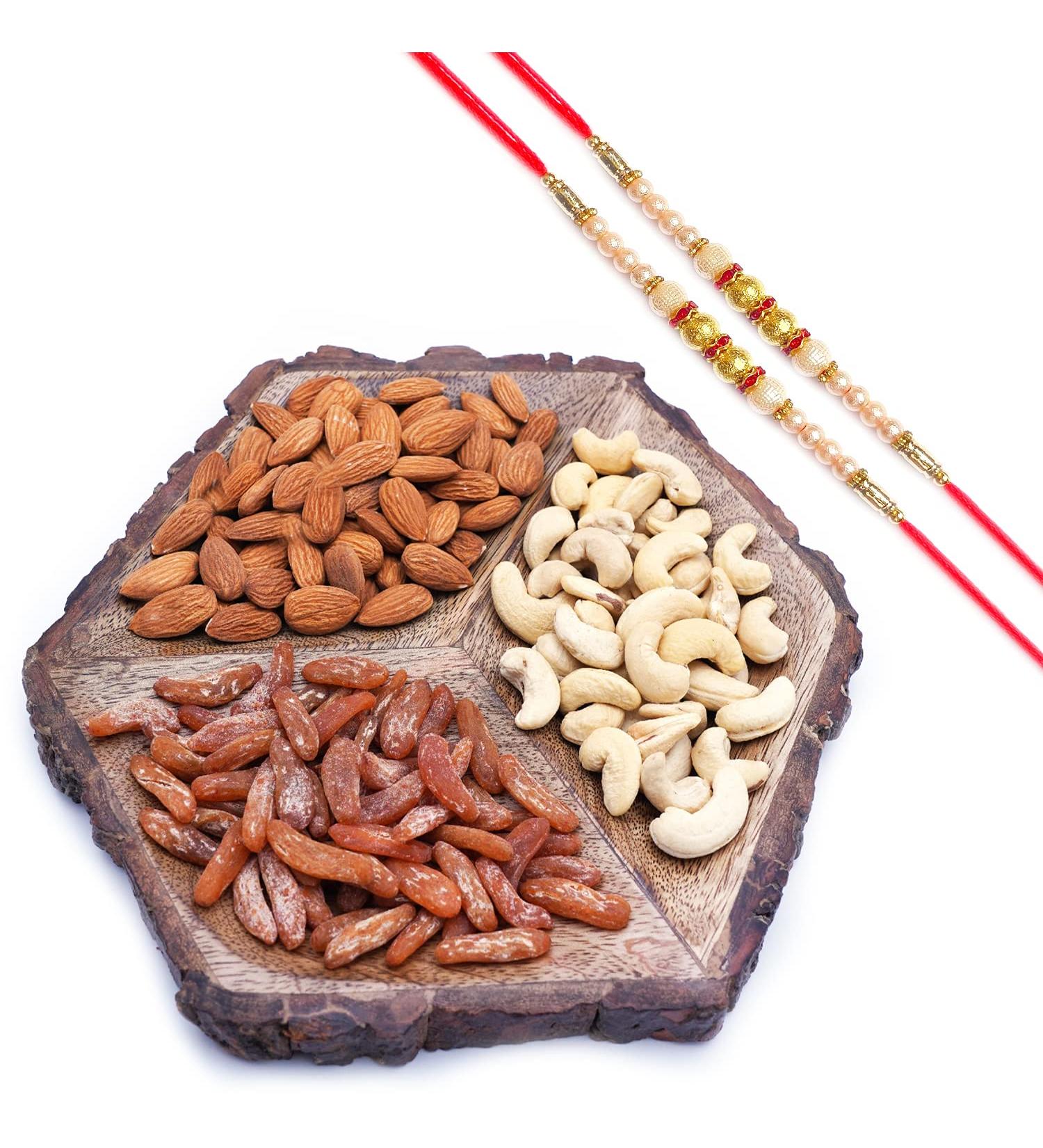 Ghasitaram Gifts Rakhi Gifts for Brothers Dryfruit - Hexagon Log Platter with Cashews Almonds and Chilly Raisins with 2 Pearl Rakhis - Buy Online on GoSupps.com