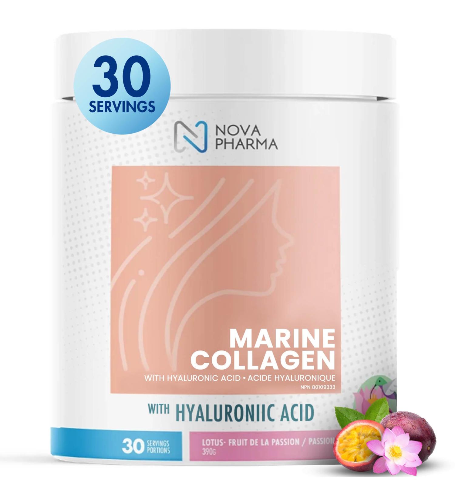 NOVA PHARMA Marine Collagen Powder with Hyaluronic Acid - Hydrolyzed Collagen Peptides Protein Powder Supplement for Anti-Aging Skin Health Nail & Hair Growth 30 Servings (Lotus & Passion fruit) - Buy Online on GoSupps.com