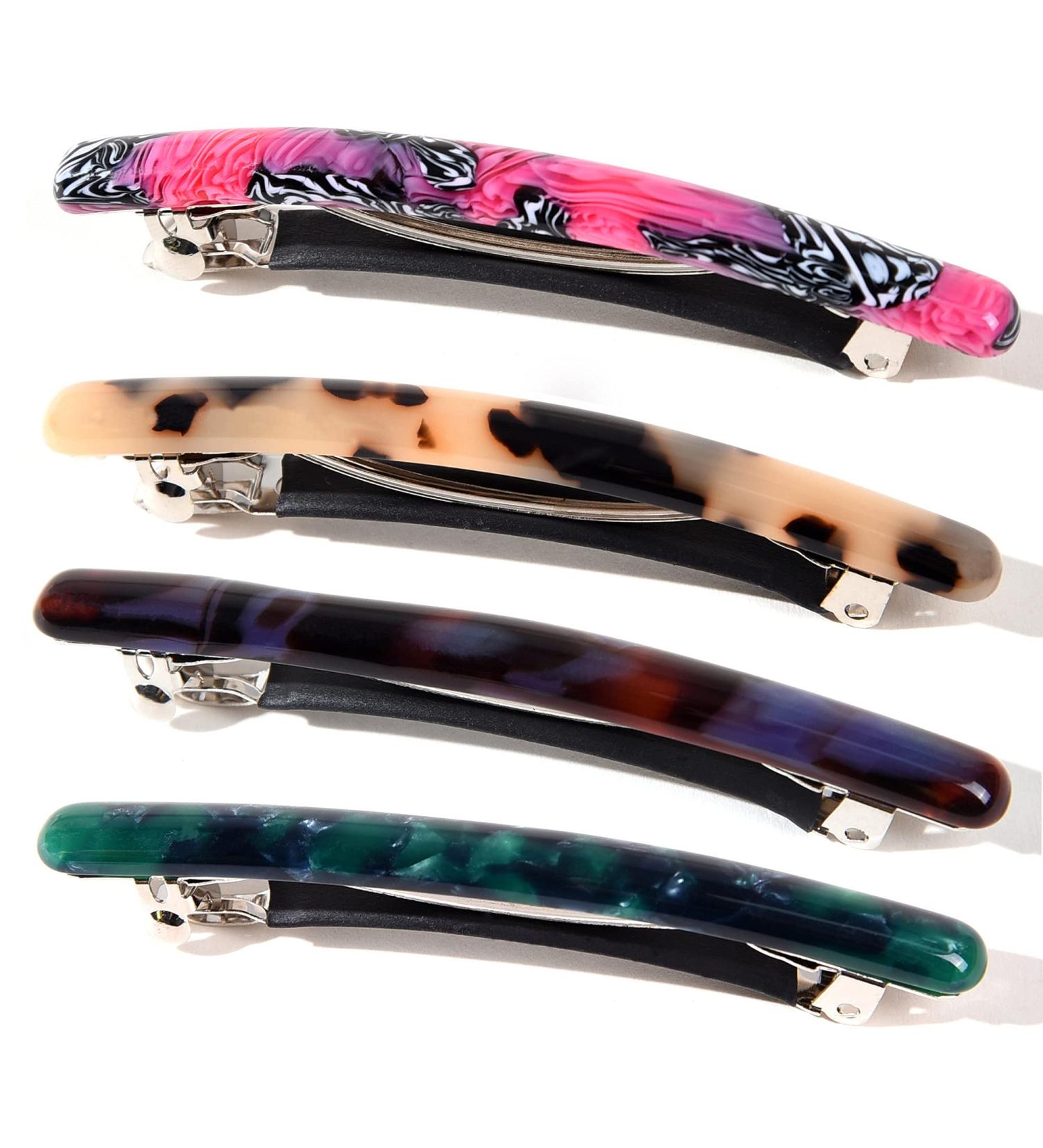 4-Pack Skinny French Hair Clips for Women - Tortoise Shell Style in Hot Pink Red Navy Blue Black & Caramel Green - Perfect for Thin & Thick Hair - Buy Online on GoSupps.com