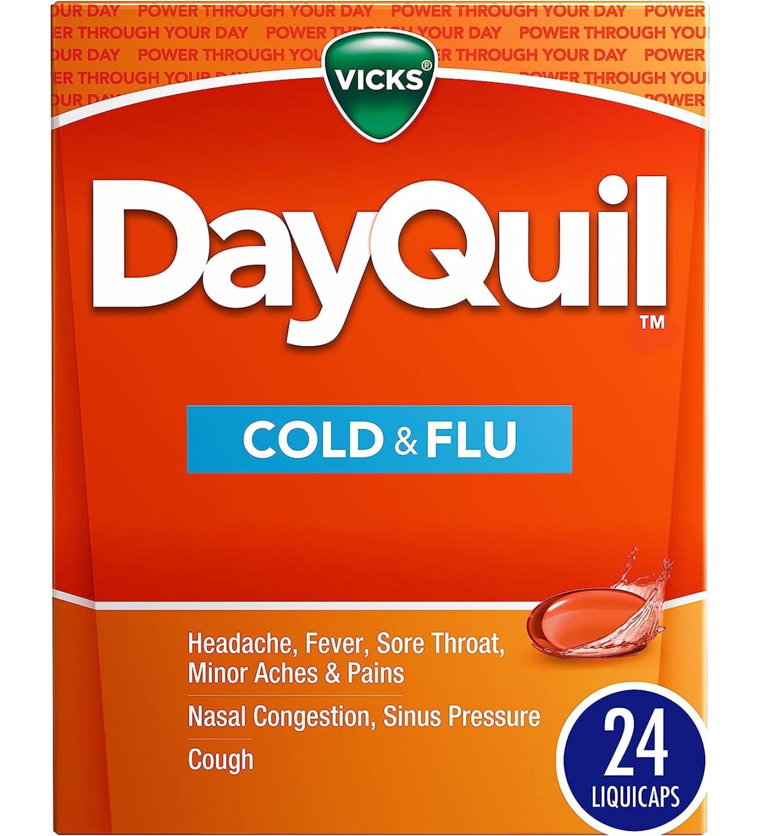 Vicks DayQuil Cold & Flu Medicine - Non-Drowsy Relief for Headache, Fever, Sore Throat & More - 24 Liquicaps - Buy Online on GoSupps.com
