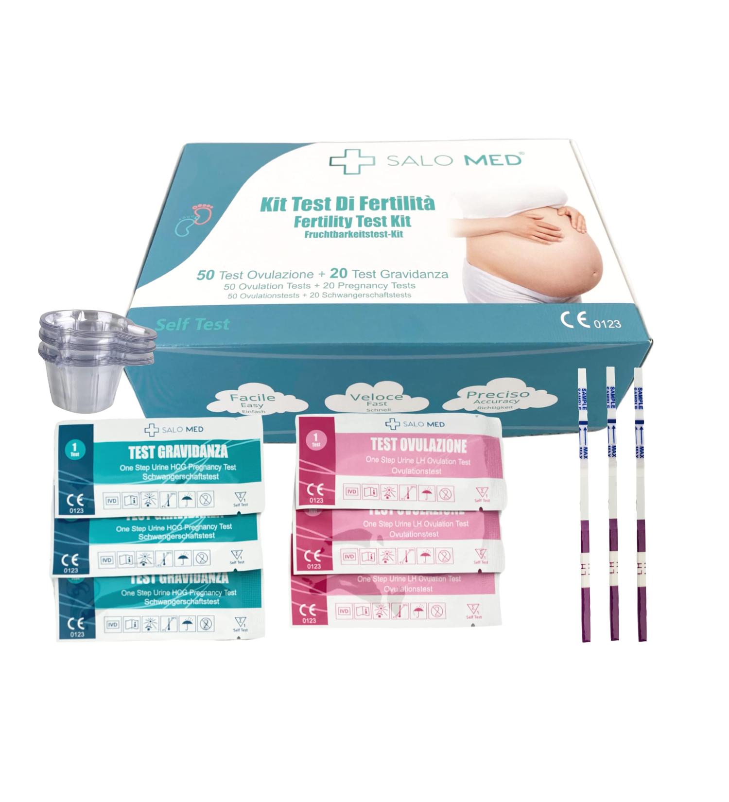 Salo Med Fertility Test Kit for Women | 50 Ovulation & 20 Pregnancy Tests | Urine Strips with 70 Cups - Shop Now! - Buy Online on GoSupps.com