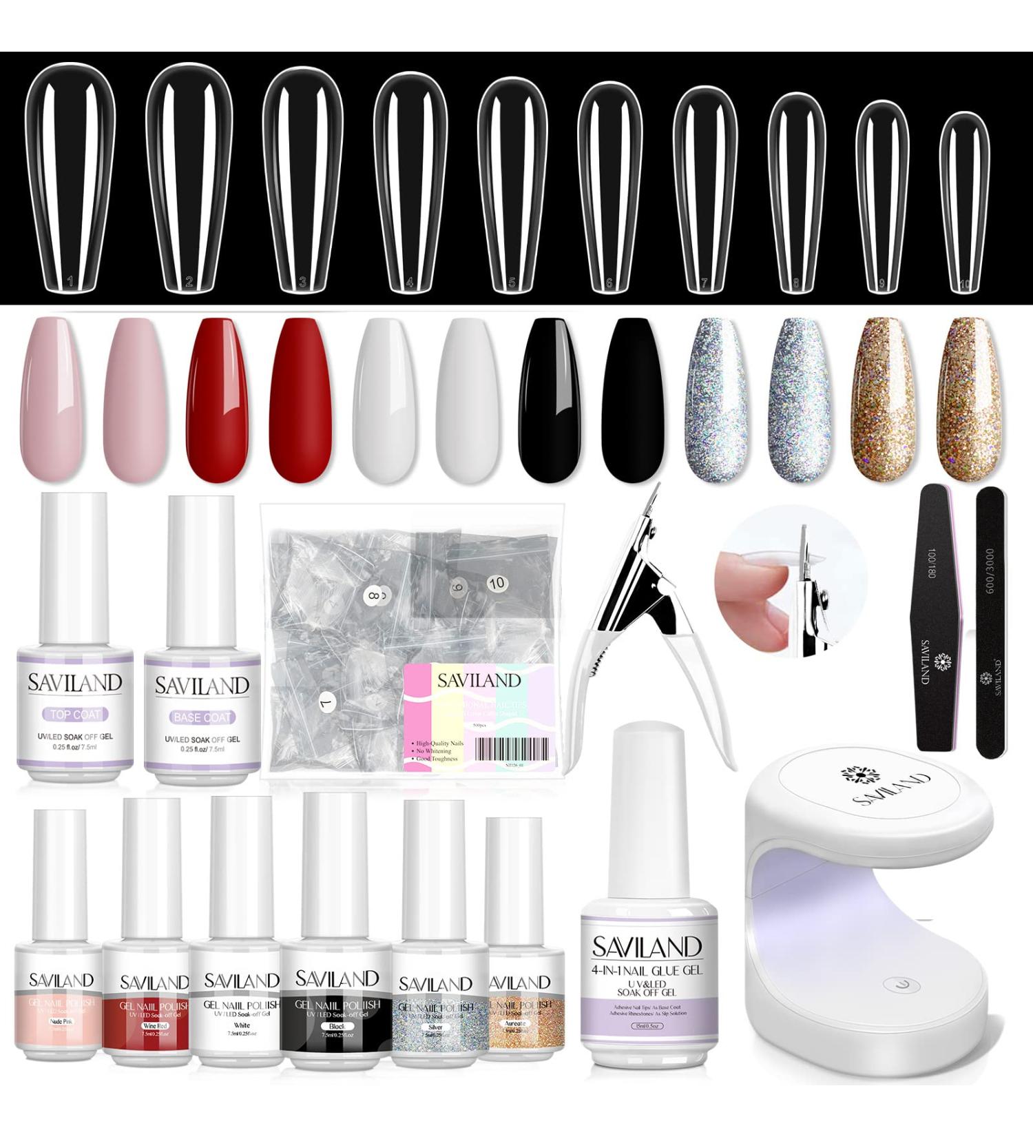 SAVILAND Gel X Nail Polish Kit - White Black Glitter Set with Coffin Tips | Base & Top Coat, Nail Glue, Lamp | DIY Nail Art Extension Tool Kit - Buy Online on GoSupps.com