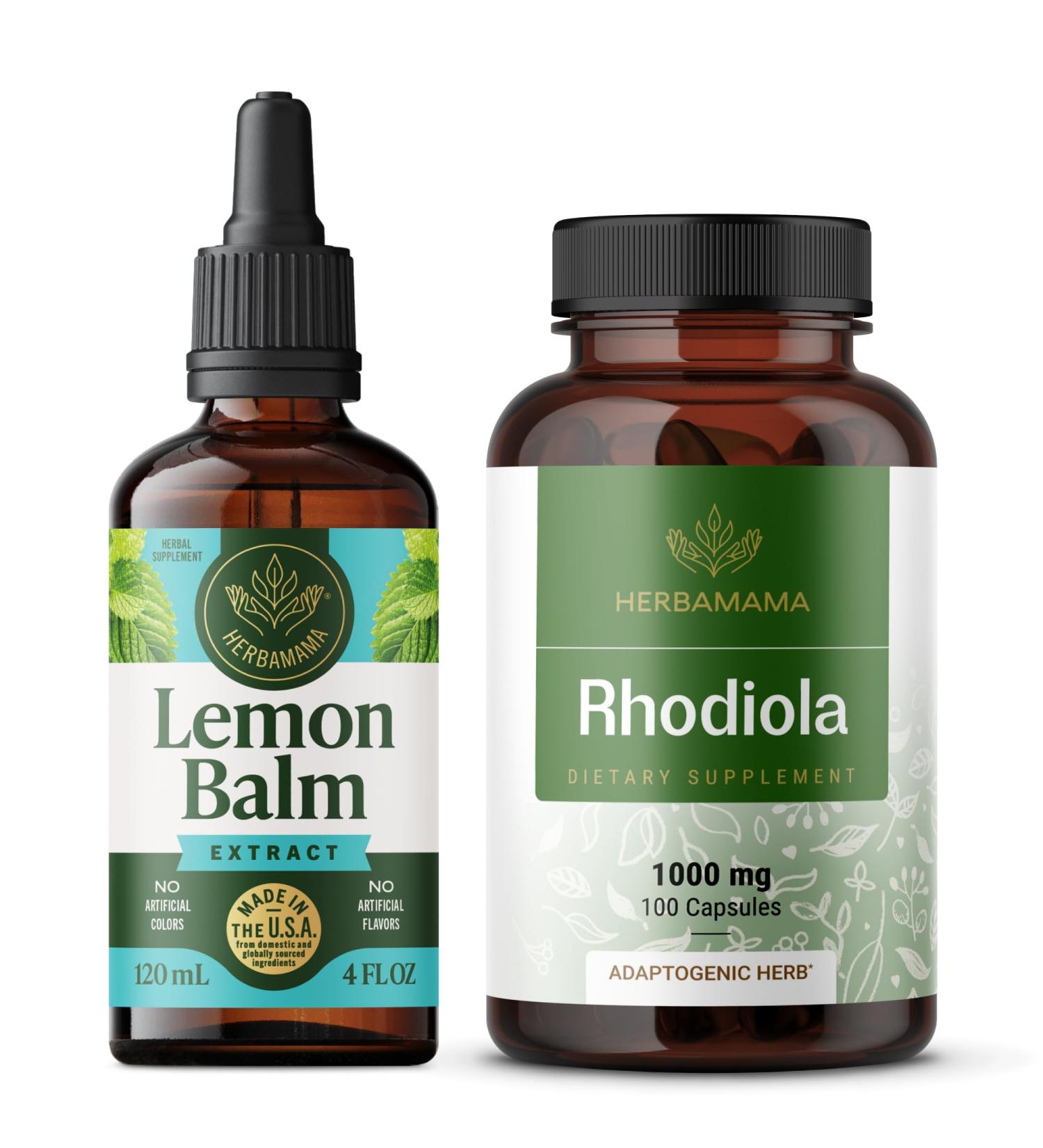 HERBAMAMA Lemon Balm and Rhodiola Kit - Bundle of Lemon Balm Tincture 4 Fl Oz & 1000mg Rhodiola Rosea Capsules - Vegan Non-GMO Alcohol & Gelatin-Free - 2 Pack - Buy Online on GoSupps.com
