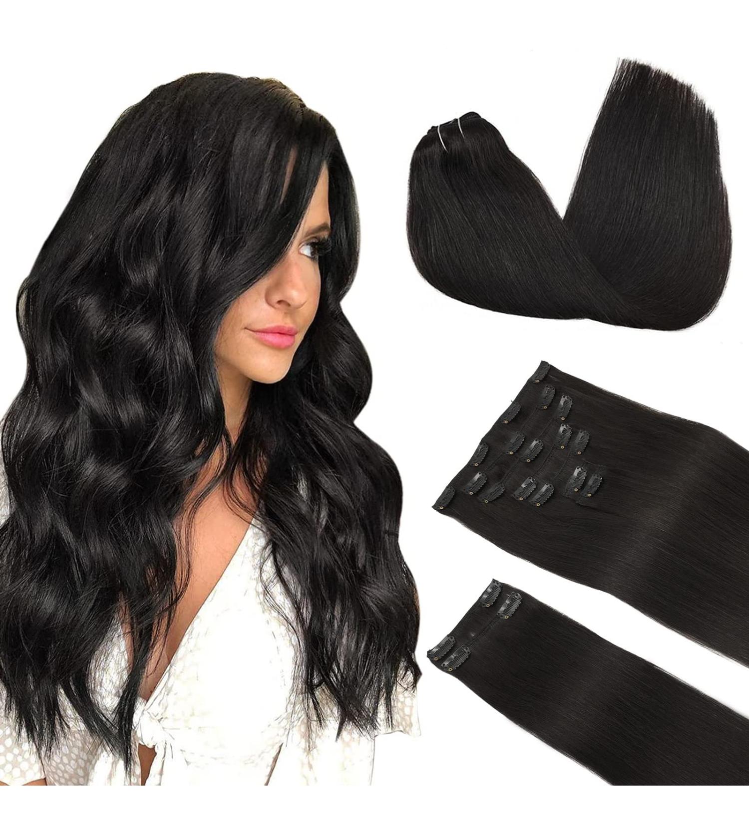 Doores Real Hair Extensions Clip - Natural Black 40cm (16 inch) | 150g Remy Human Hair Straight & Thick - 9 Pieces - Buy Online on GoSupps.com