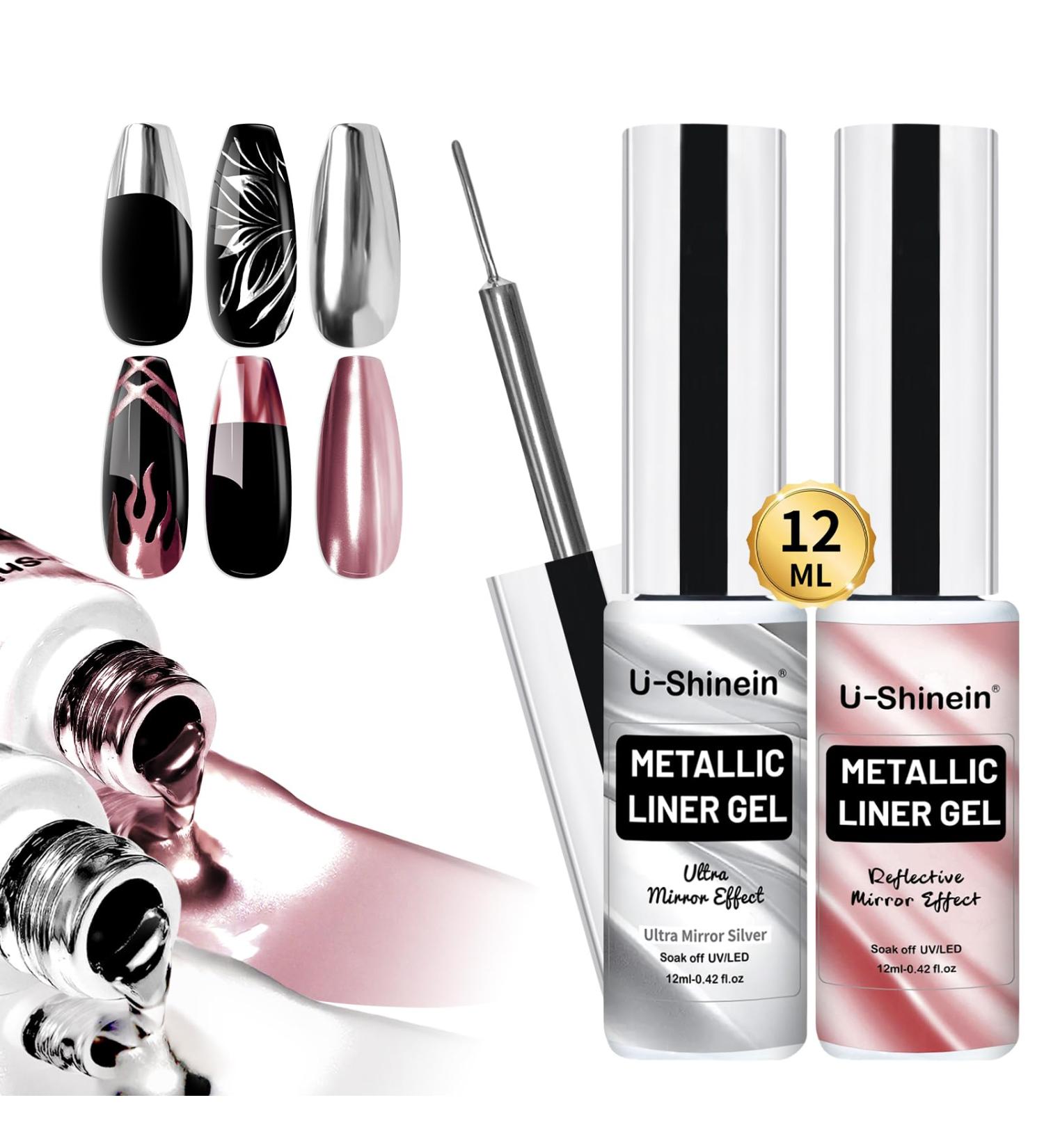 U-Shinein 2x12ml Metallic Painting Nail Gel Liner Super Silver & Rose Gold Metal Painted Drawing Gel Strong Mirror Reflection Nail Art Paint Nail Liner Gel UV Nail Gel with Build in Thin Brush - Buy Online on GoSupps.com