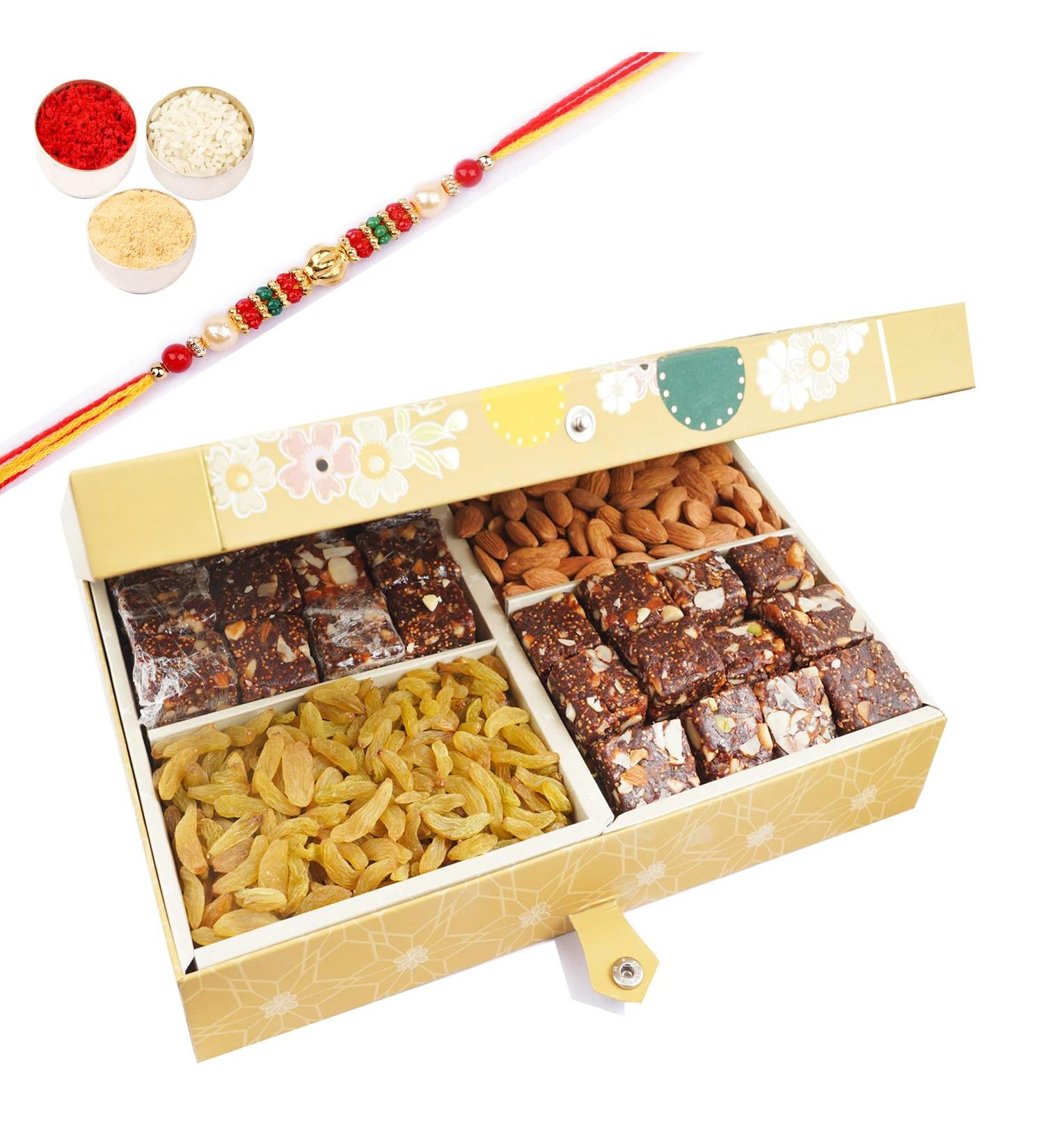 Ghasitaram Gifts Rakhi Gifts for Brothers 4 Part with Almonds Raisins and Sugarfree Bites 1000 GMS with Beads Rakhi Almonds Raisins and SF Bites 1000 GMS with Rakhi - Buy Online on GoSupps.com