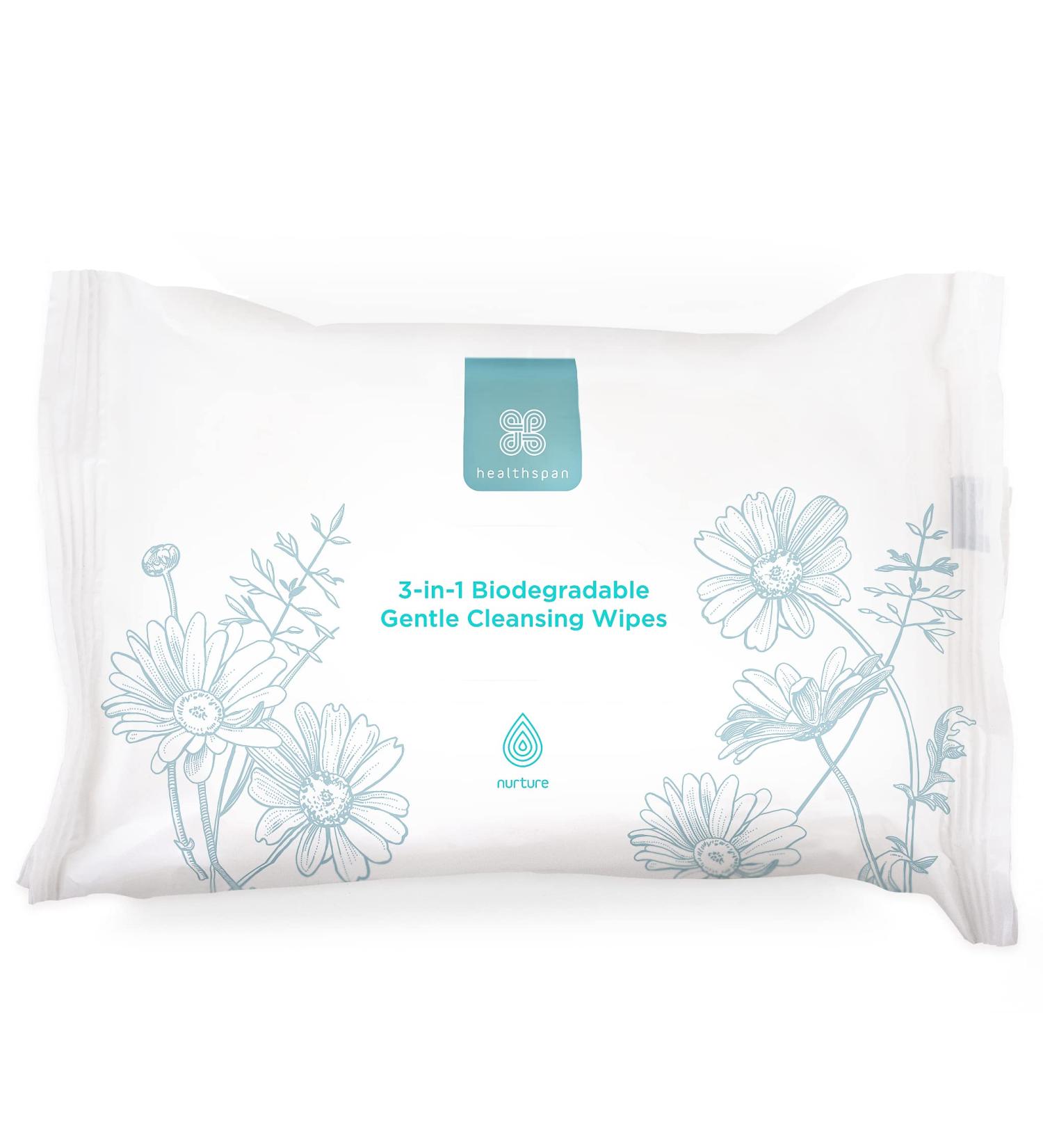 Healthspan 3-in-1 Biodegradable Gentle Cleansing Wipes | 25 Wipes | All Skin Types | Enriched with Aloe Vera & Chamomile | Removes make-up | Cleanses & Tones skin - Buy Online on GoSupps.com