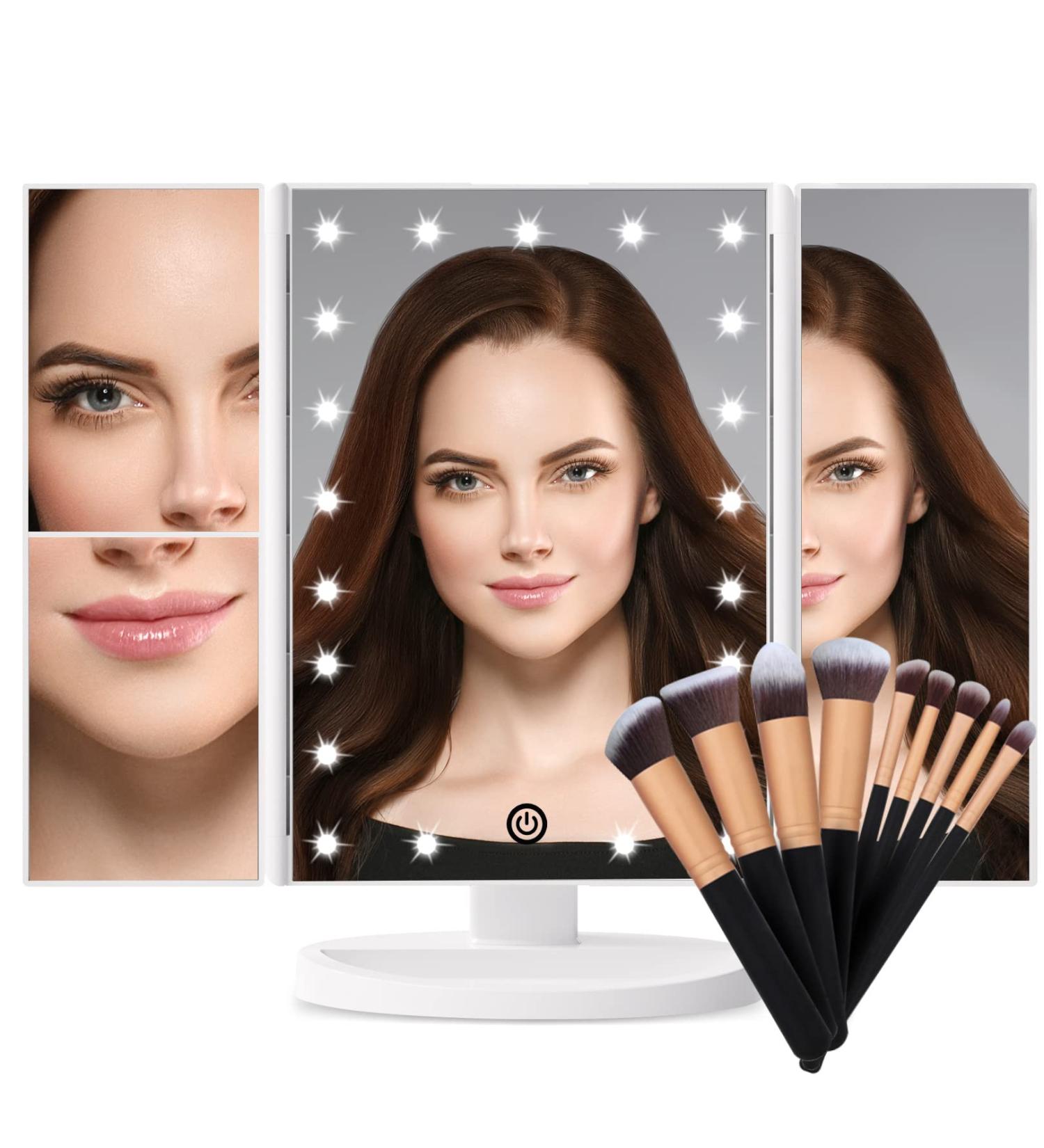 Trifold Makeup Vanity Mirror with Lights and Makeup Brush Set - White | [Your Brand Name] - Buy Online on GoSupps.com