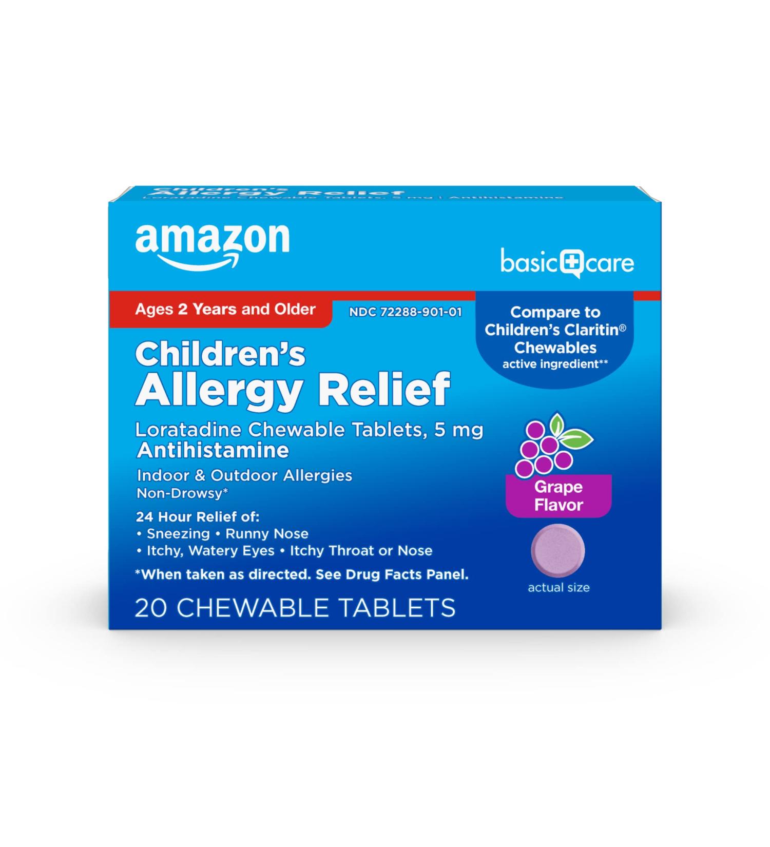 Amazon Basic Care Children's Allergy Relief, Loratadine Chewable Tablets, 5 mg, Grape Flavored, Ages 2 and up, 20 Count - Buy Online on GoSupps.com