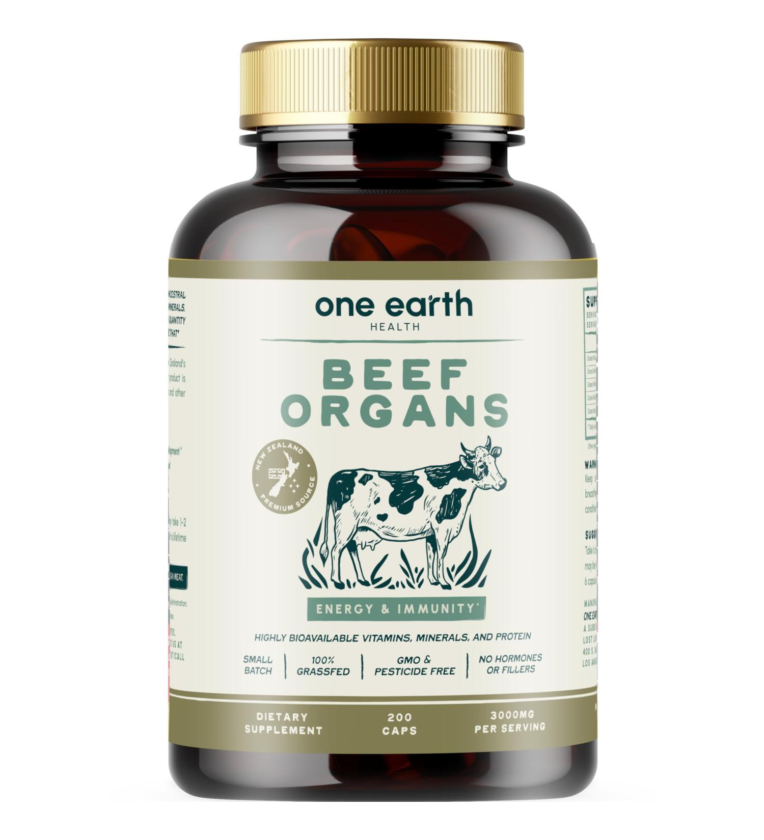 One Earth Health New Zealand 100% Grass Fed Beef Organs (200 Count 3 000mg Serving) Liver Heart Kidney Pancreas Spleen Supplement. Organ Meat Complex sourced from New Zealand - Buy Online on GoSupps.com