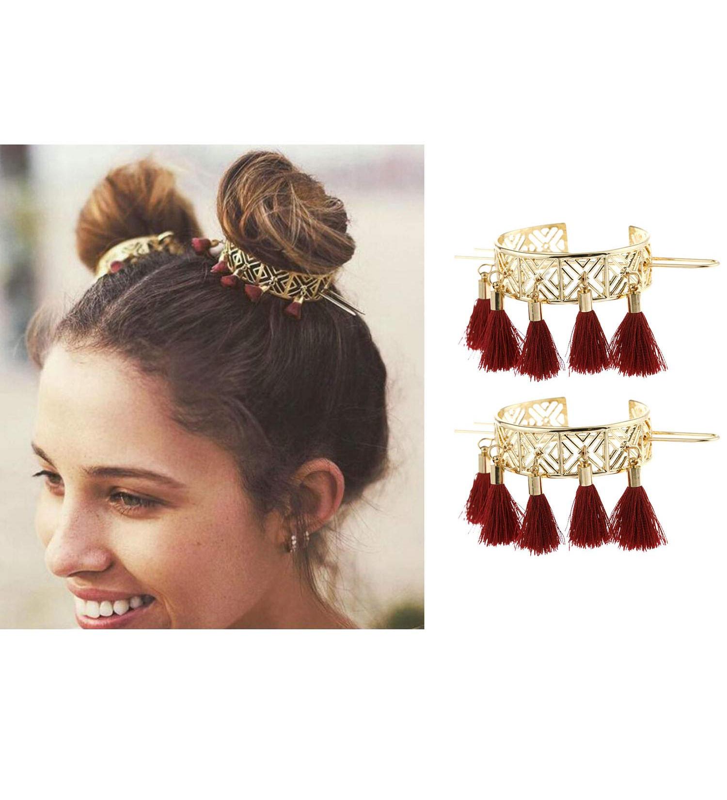 YYC 2Pcs Hollow Tassel Hair Pins Stick Set - Fashion Alloy Clips for Women's Updo Hairstyles | Double Bun Ponytail Holder Styling Accessories - Buy Online on GoSupps.com