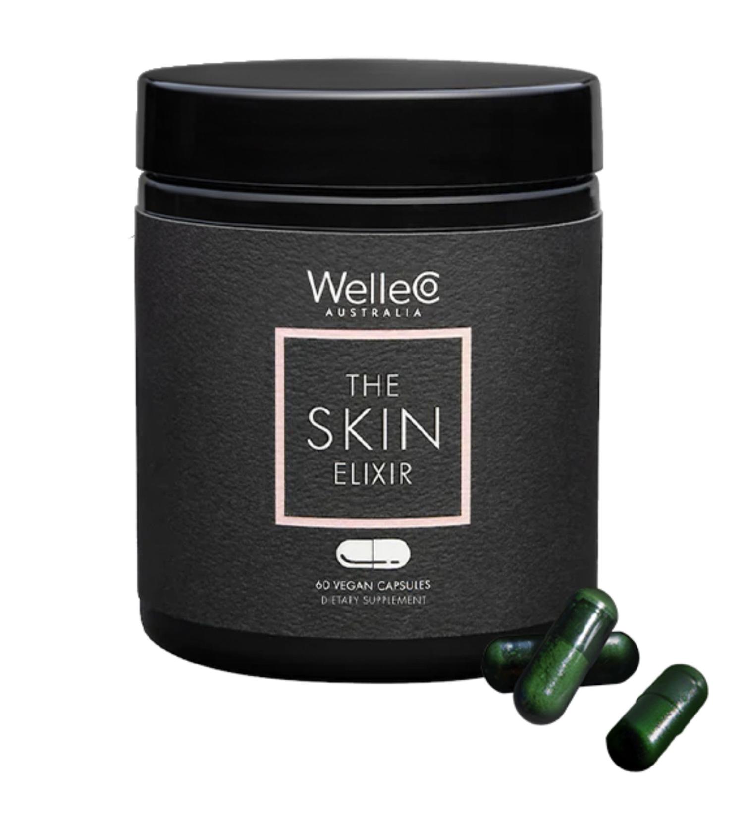 WelleCo The Skin Elixir Greens Powder Capsules Plant-Based Superfood Supplement with Zinc Turmeric & Antioxidants for Glowing Skin Collagen & Elasticity 60 Ct - Buy Online on GoSupps.com