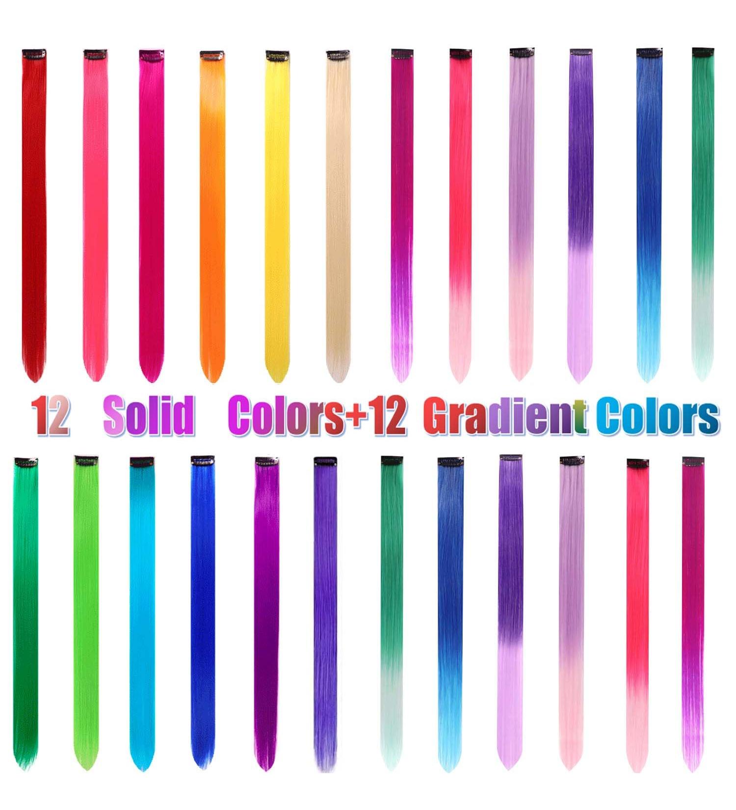 24 Pcs Colored Hair Extensions Colorful Clip in Hair Extensions 22 inch Synthetic Straight Hair Extensions for Kids Girls Women A 24Pcs - Solid color + Gradient color - Buy Online on GoSupps.com
