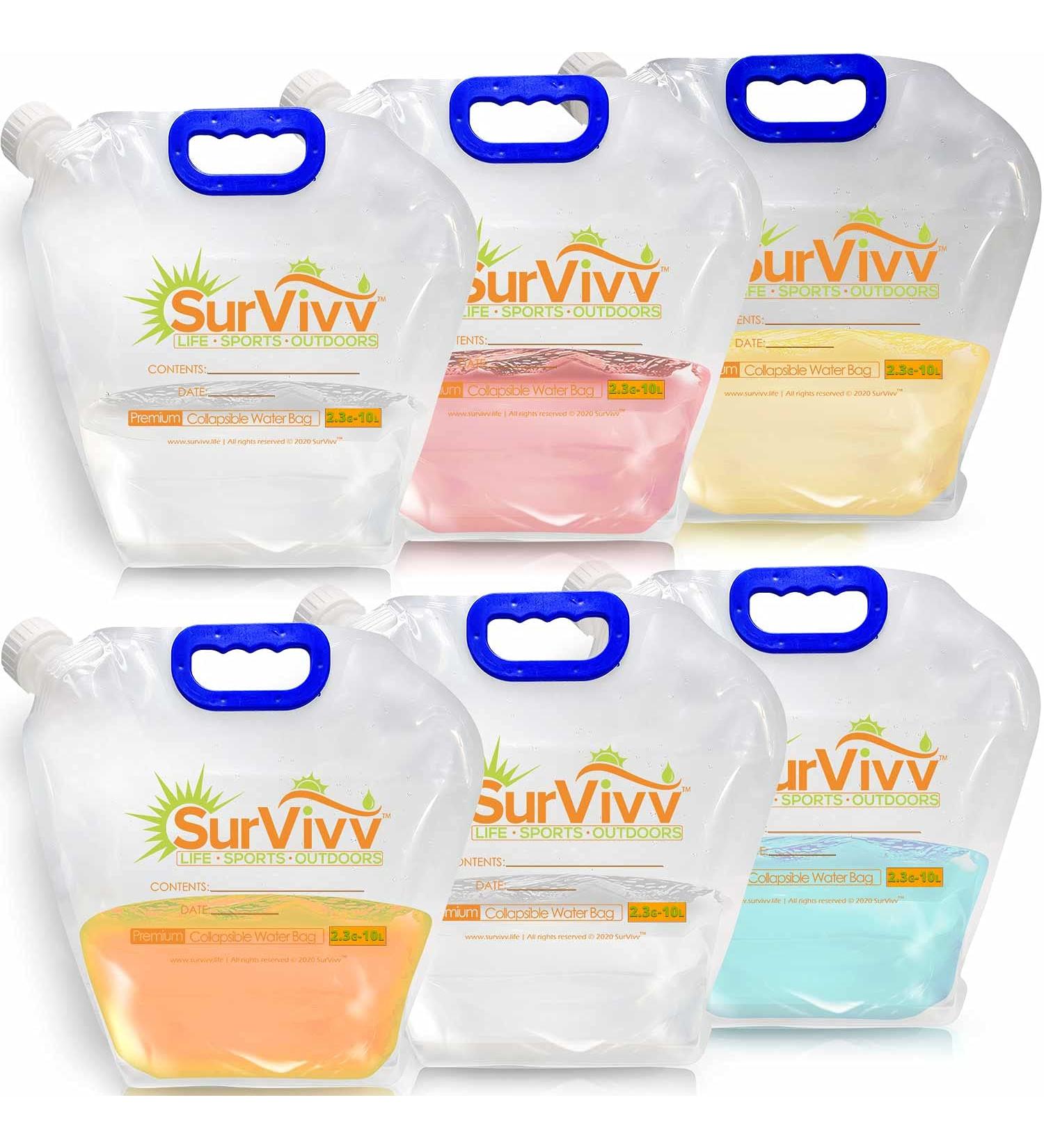 SurVivv Premium Collapsible Water Container Bag - Odorless, Leak-Free, BPA-Free, 2.6 Gallon, 6-Pack - Ideal for Sports, Camping, Hiking, and Backpacking - Buy Online on GoSupps.com