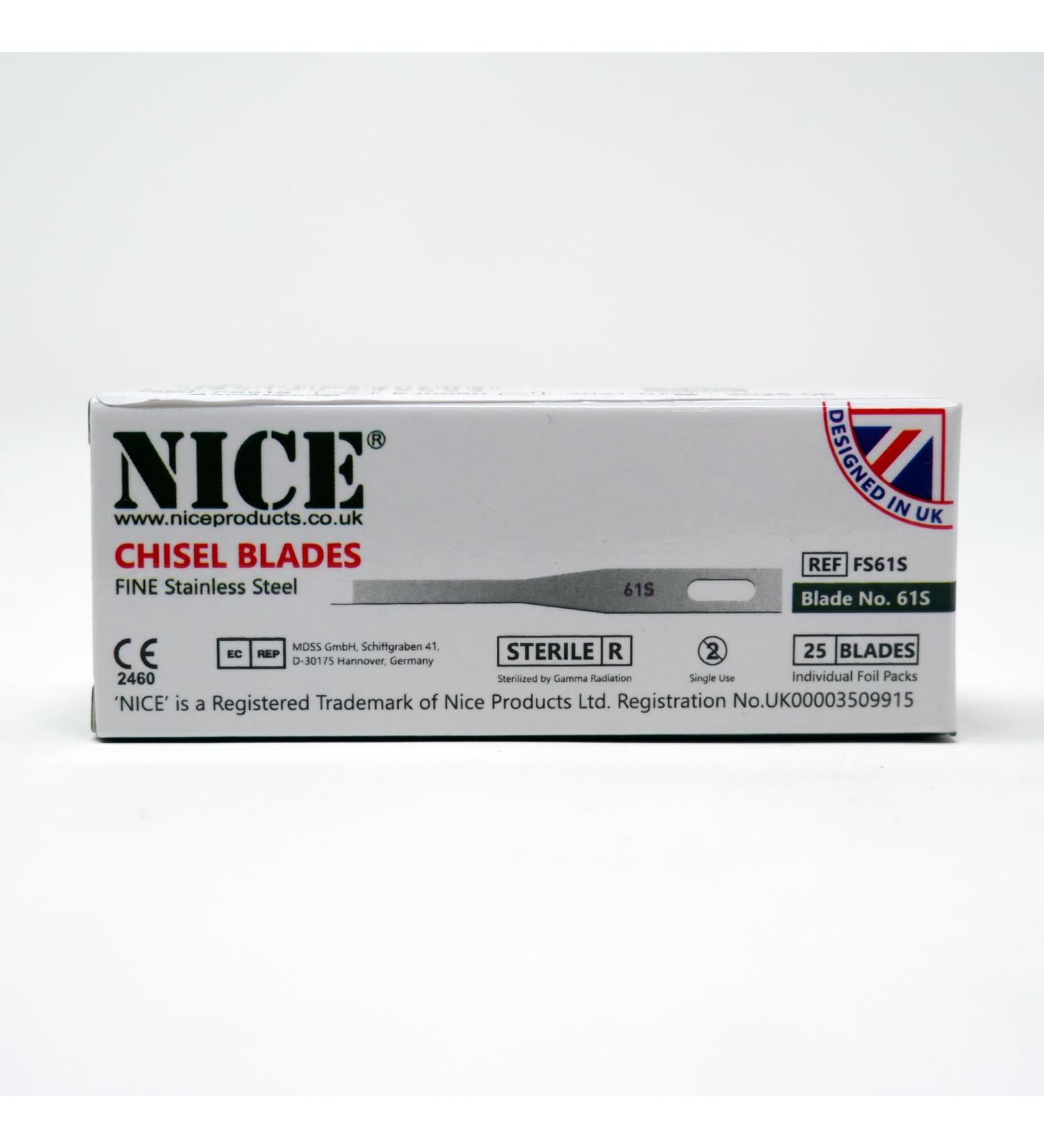 25 x NICE FINE 61S Sterile Stainless Steel Chisel Blades FS61S for Podiatry and Chiropody