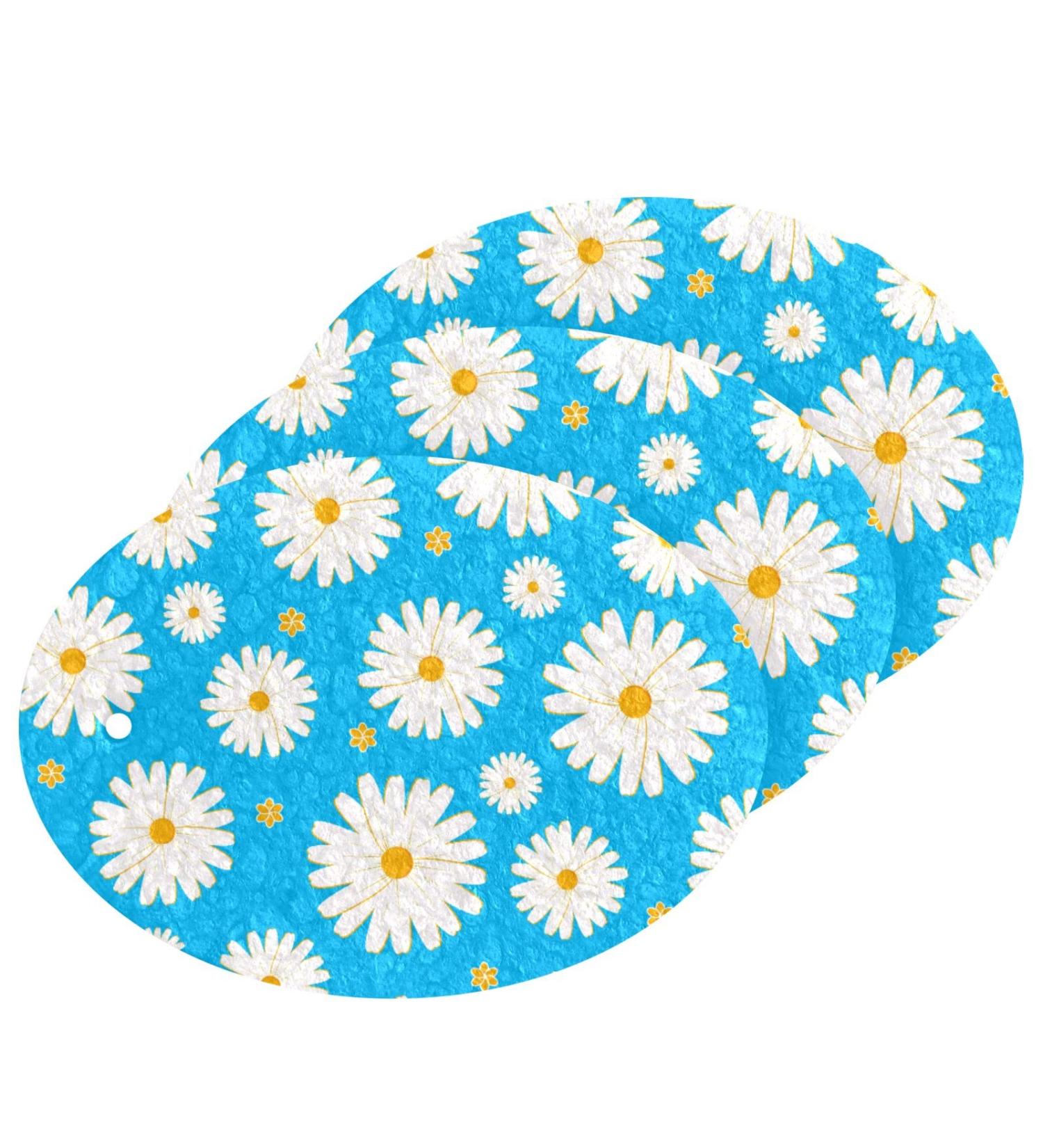 3-Pack Cleaning Kitchen Sponges Oval Daisy Flower Blue Kitchen Cellulose Dishwashing Wood Pulp Cotton - Buy Online on GoSupps.com