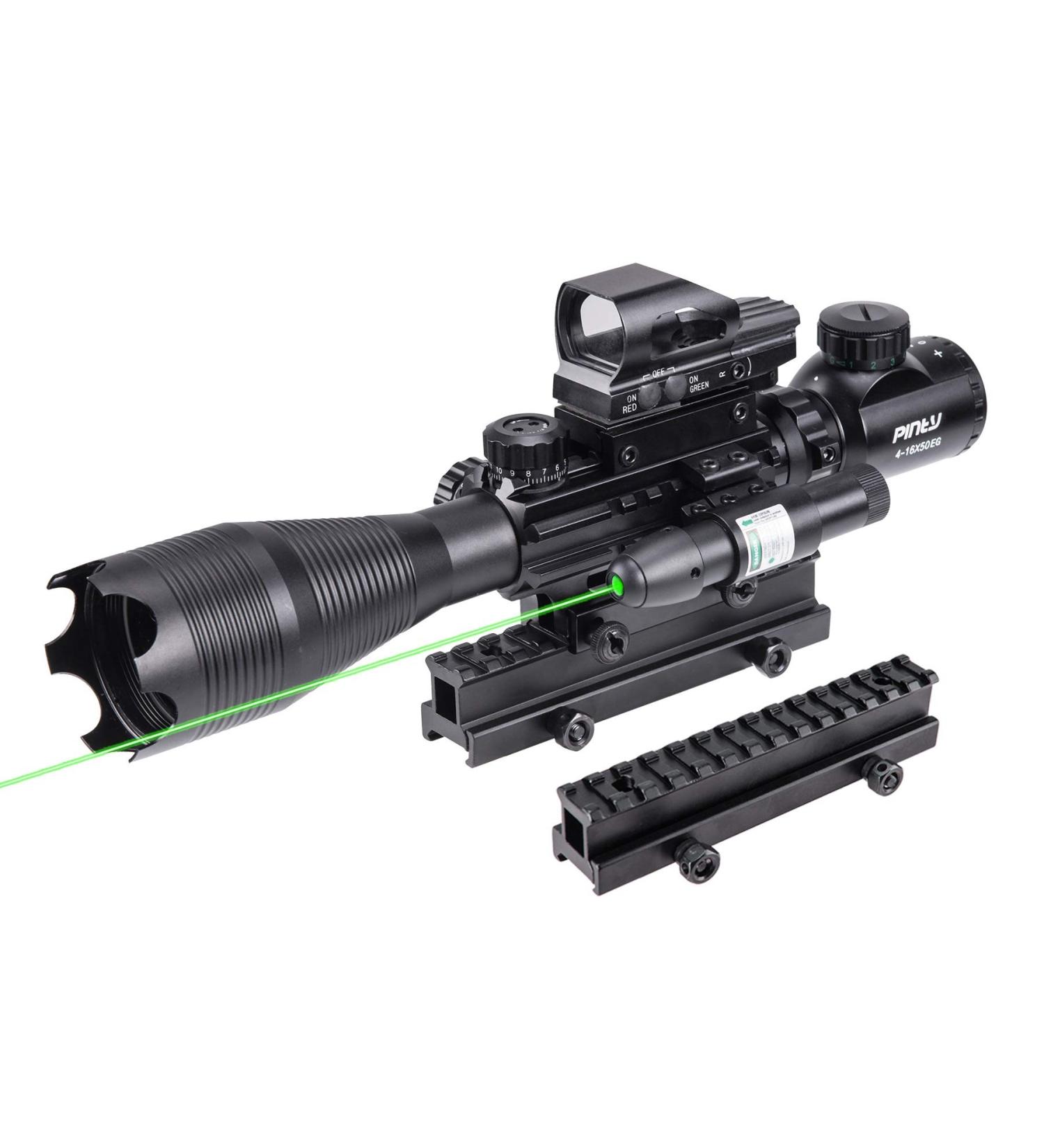 Pinty 4-16X50 Illuminated Rifle Scope with Green Laser, Reflex Dot Sight & Riser Mount - Buy Online on GoSupps.com