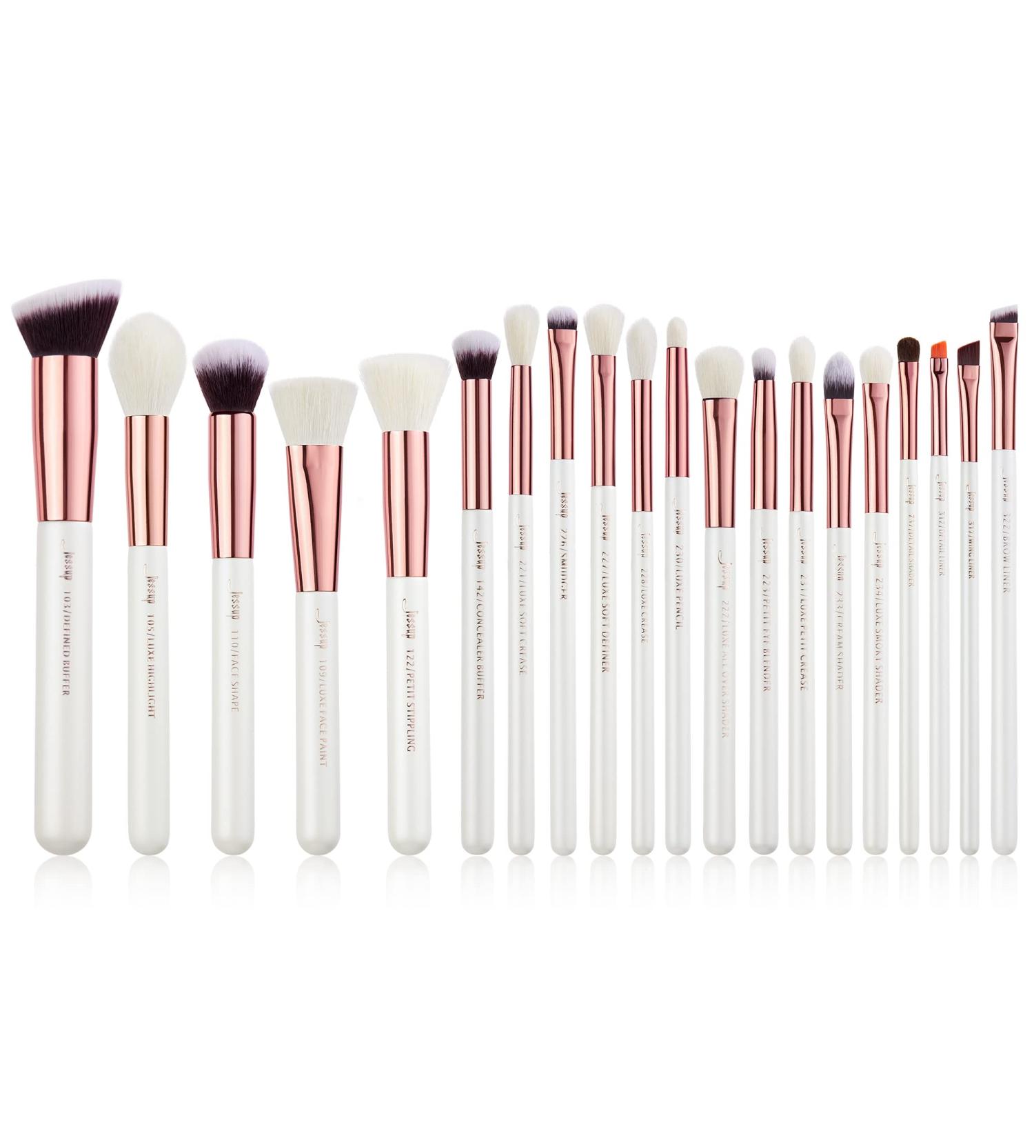 Jessup 20 PCS Makeup Brush Set - Foundation, Blending, Blush, Concealer, Eye Shadow, Lip - Synthetic Fiber Bristles - Wooden Handle - White - T225 - Rose Gold & Pearl White - Buy Online on GoSupps.com