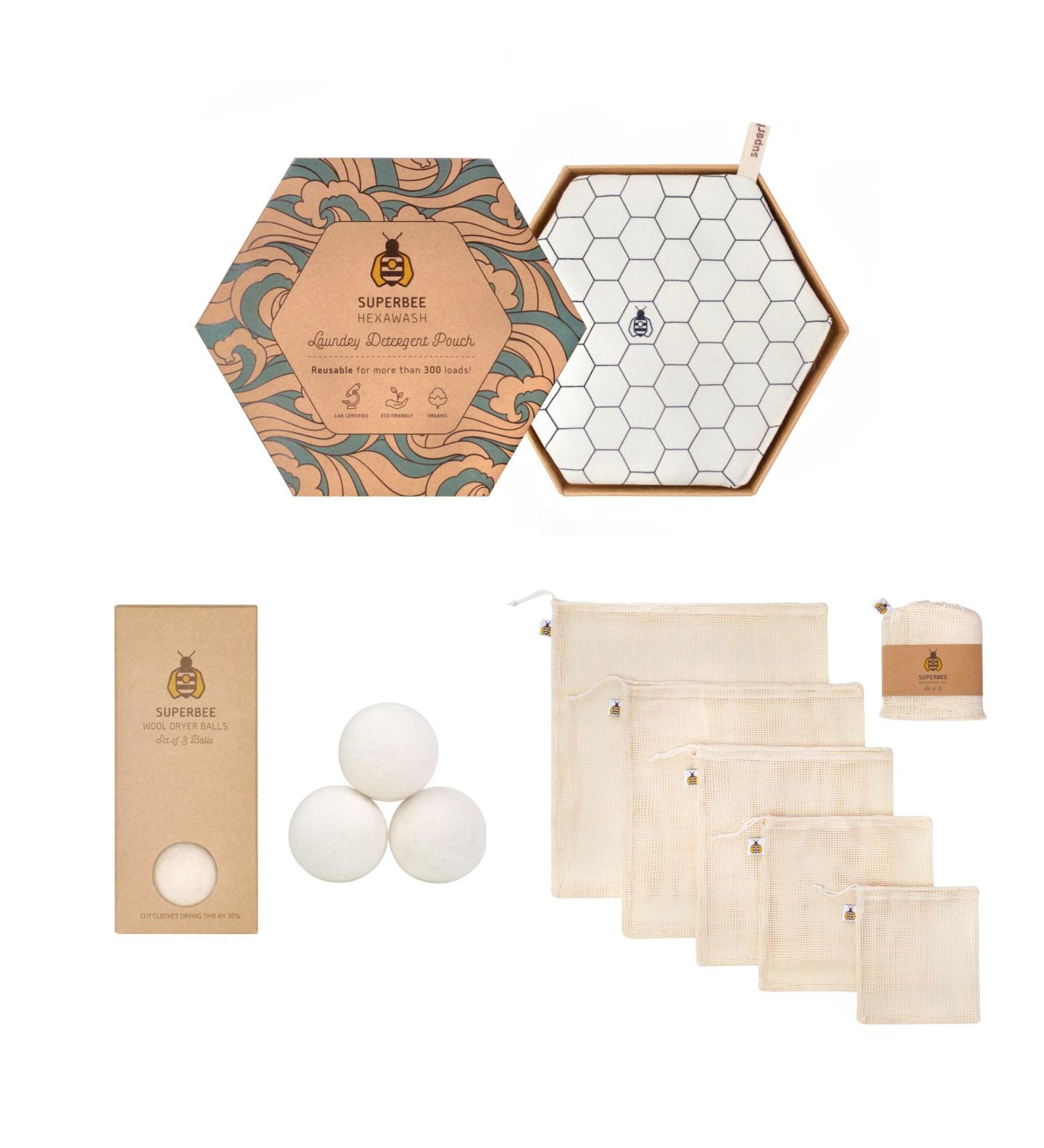 SuperBee Eco Laundry Kit - Chemical-Free Travel Set for Sensitive Skin | 300 Loads 3 Wool Dryer Balls & Cotton Mesh Bags - Buy Online on GoSupps.com