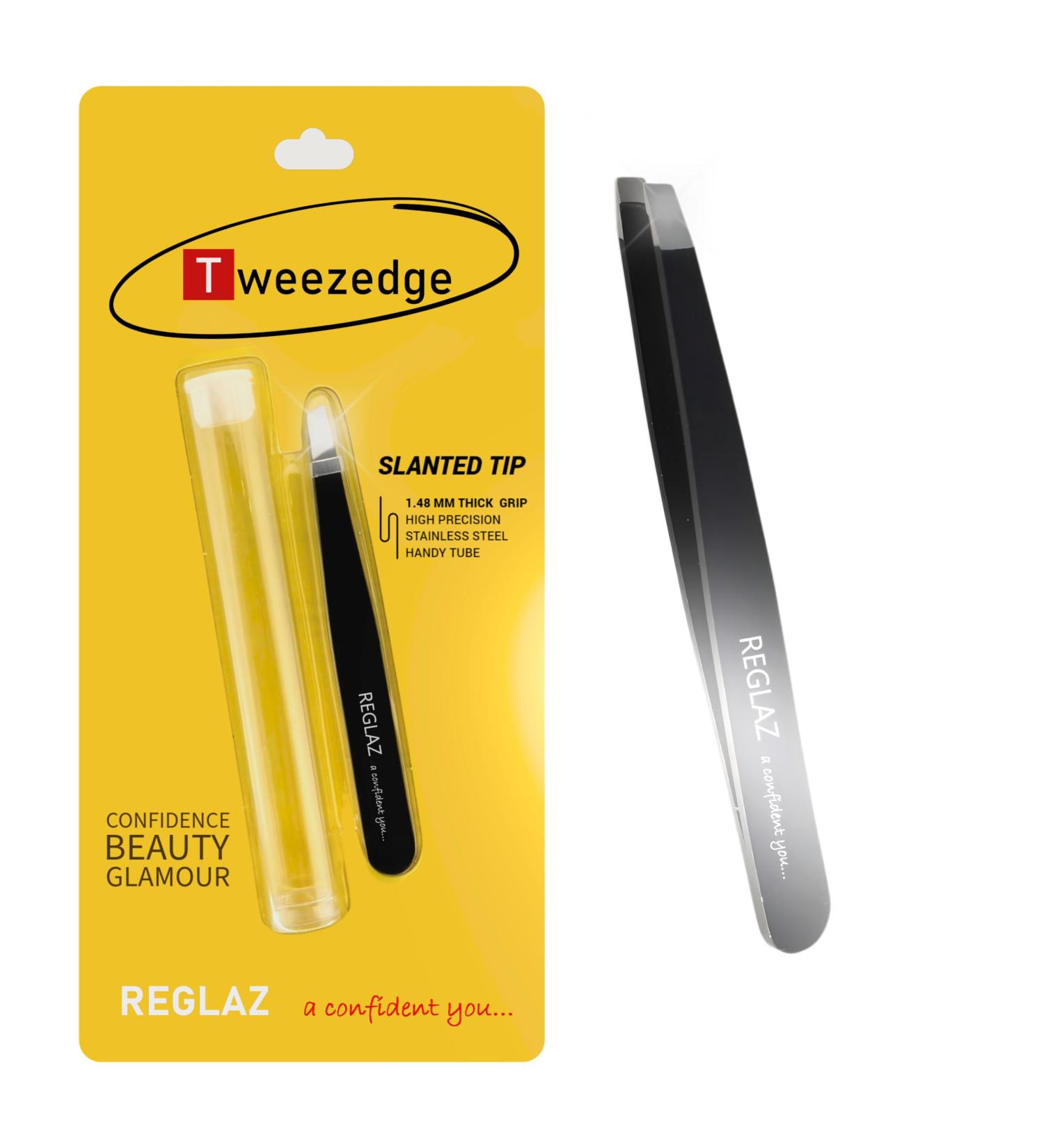 Reglaz Tweezedge Slanted Tip Stainless Steel Tweezer (Matt Black) 9.6 cm - for Precision Removal of Facial Hair | Bundled with a Carry Tube - Buy Online on GoSupps.com