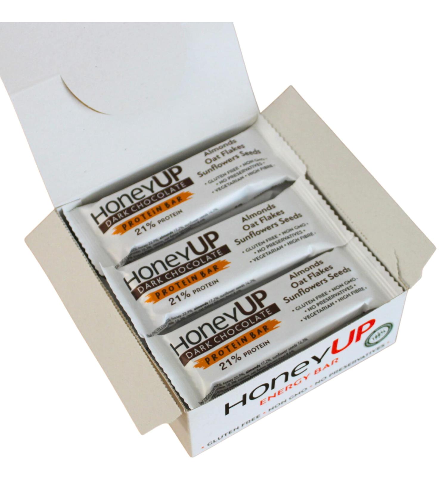 HoneyUP Dark Chocolate Protein Bar with Almonds, Oat Flakes & Sunflower Seeds - 12 Bars x 40g Display Box - Dark Chocolate Mix - Buy Online on GoSupps.com