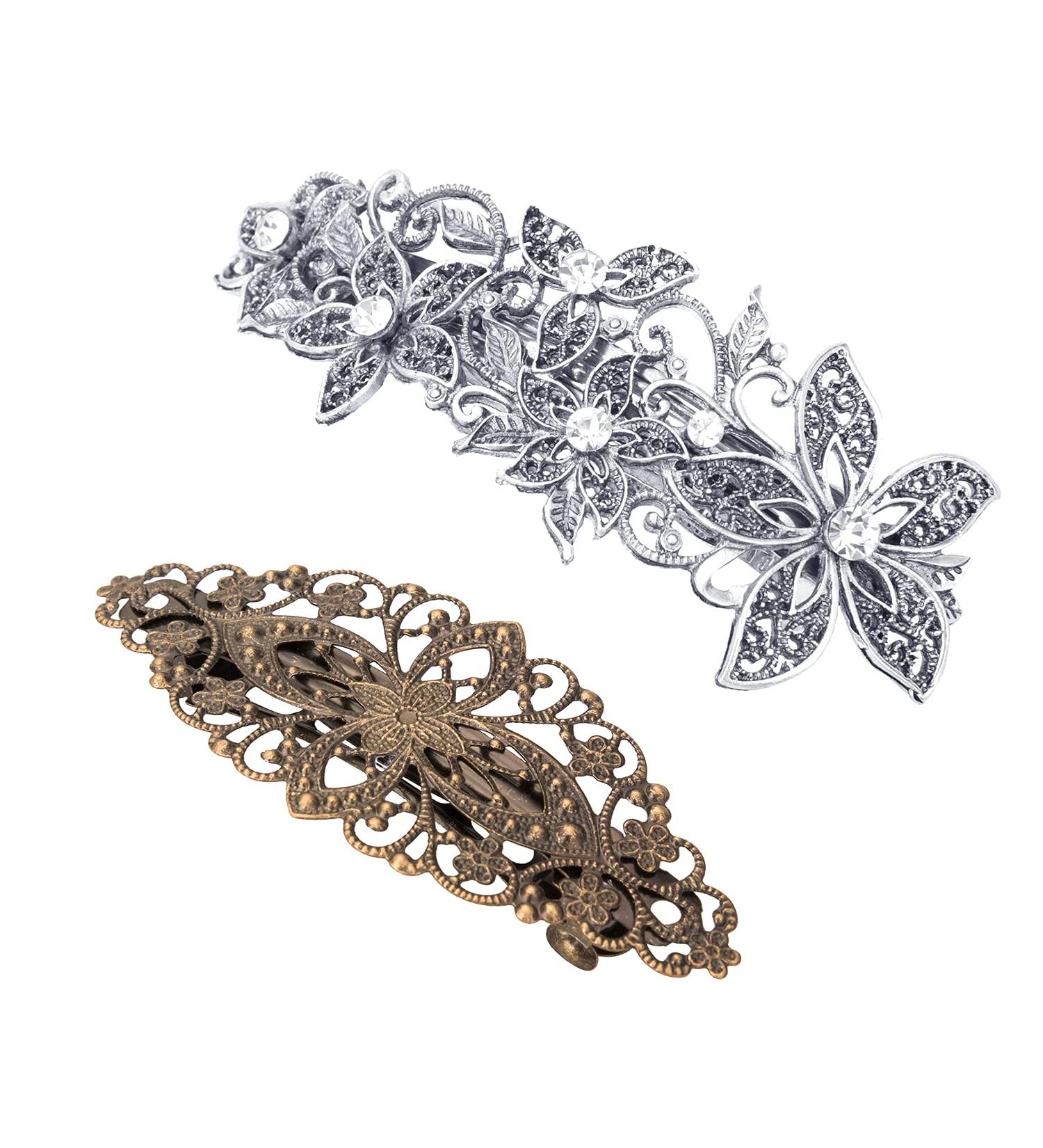 Parieo 2 Pieces Vintage Silver Leafy Barrette Antique Filigree Silver Flower Crystal Barrette Diamante Flower Design Hair Barrette - Buy Online on GoSupps.com