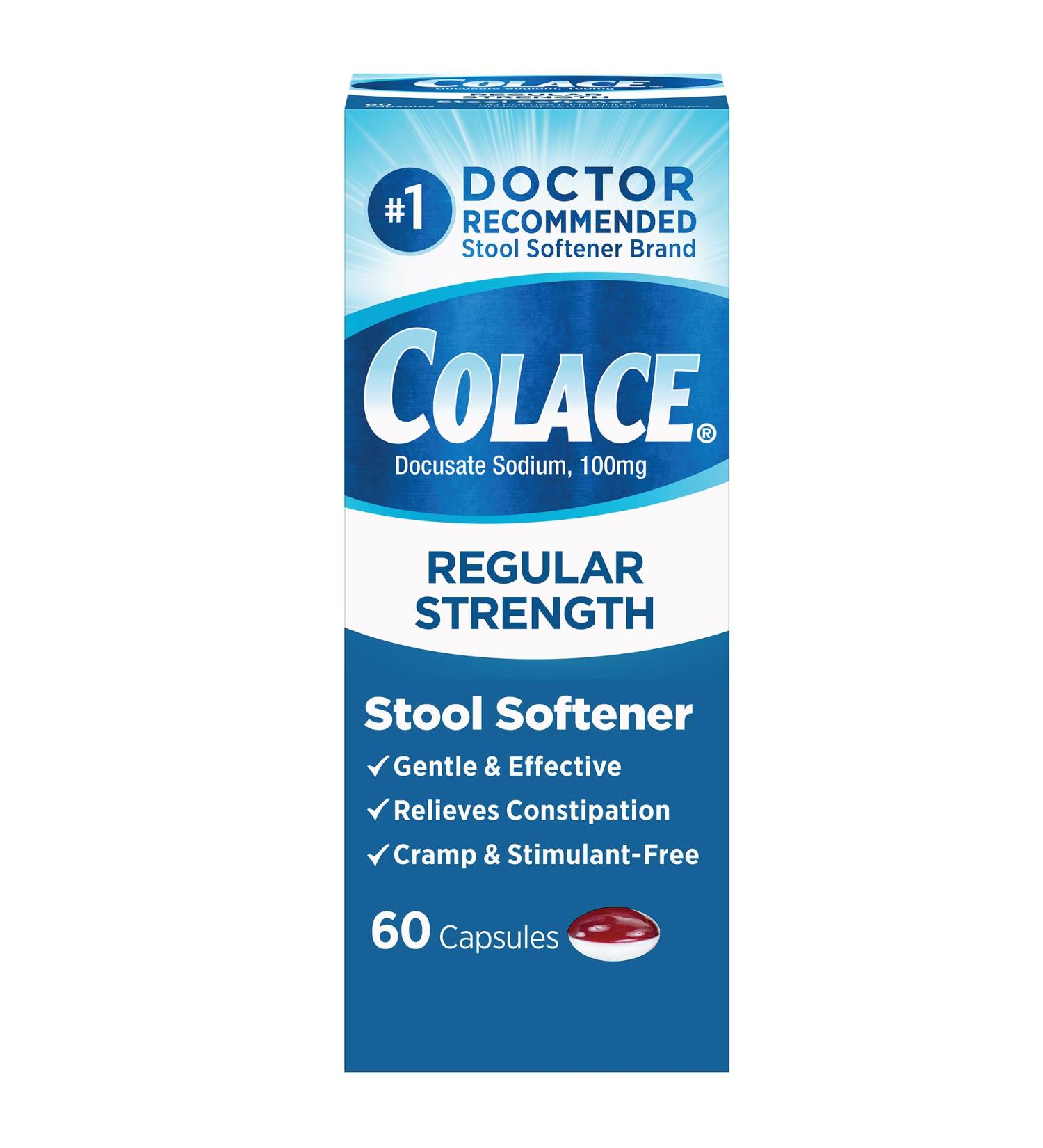 Colace Stool Softener Capsules Bundle - Regular Strength 100mg 60 Count & Clear Soft Gel 50mg Constipation Relief 42 Count - Buy Online on GoSupps.com