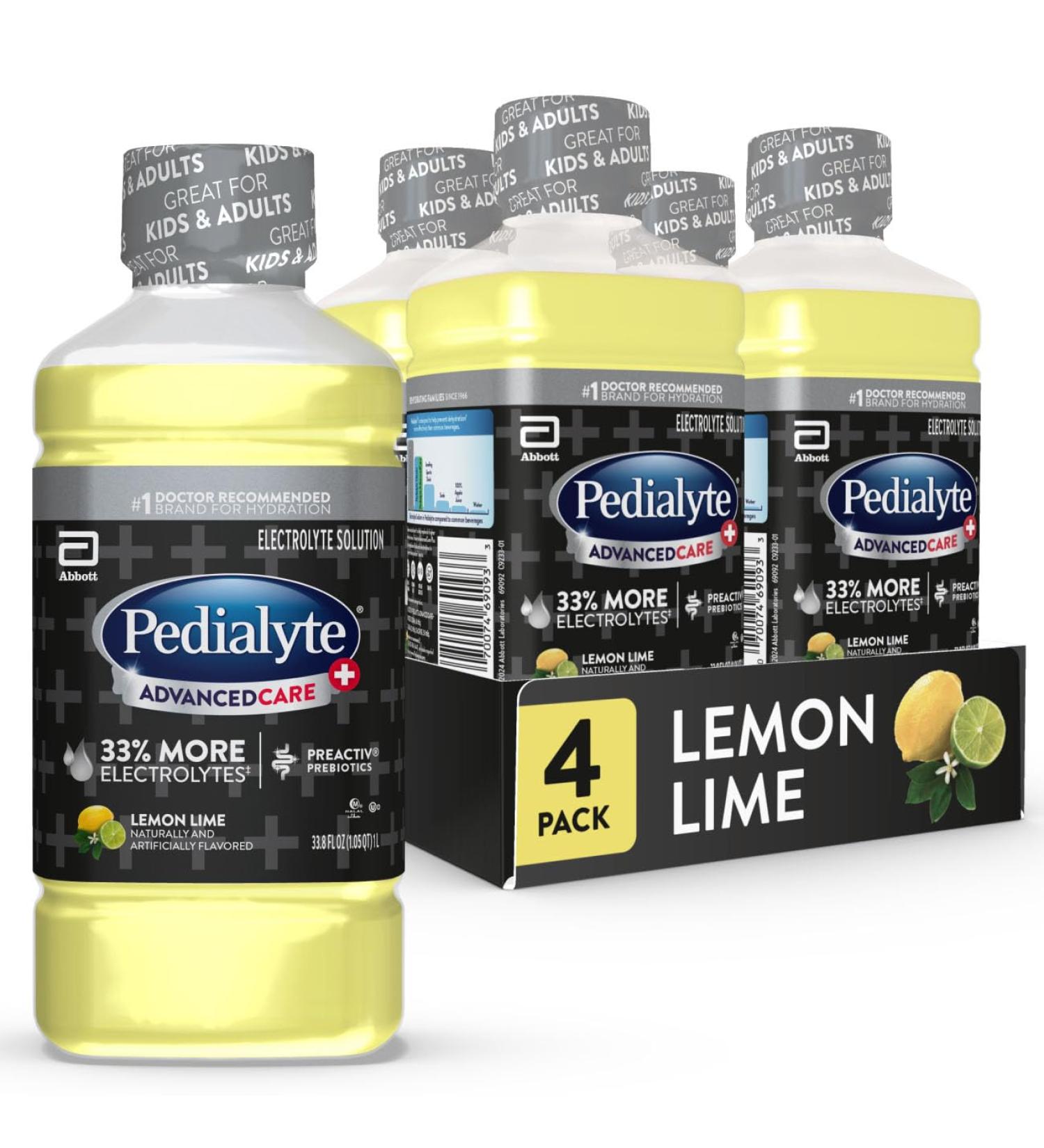 Pedialyte AdvancedCare Plus Electrolyte Hydration Drink | Has 33% More Electrolytes and Has PreActiv Prebiotics | Lemon Lime | 1 Liter Pack of 4 Lemon Lime 33.8 Fl Oz (Pack of 4) - Buy Online on GoSupps.com