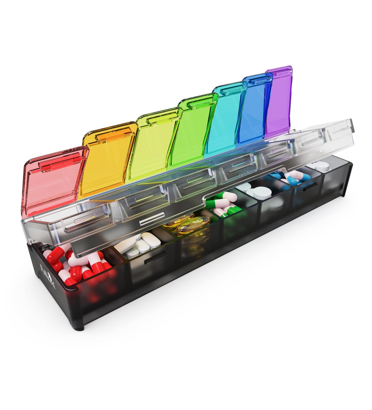 Fullicon Weekly Pill Box 7 Day Large Organiser | Spill Proof Design with Labels | Medicine Vitamin Supplement Organizer (Rainbow Black Paten REGT) - Buy Online on GoSupps.com