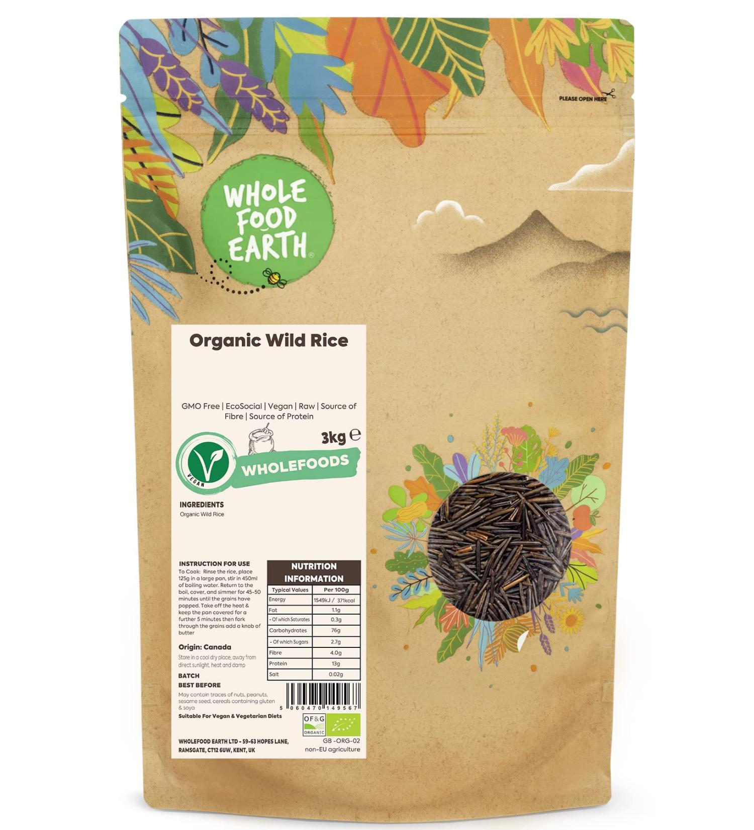 Wholefood Earth Organic Wild Rice 3kg - GMO Free, EcoSocial, Vegan - Raw, Fiber & Protein Rich - Buy Online on GoSupps.com