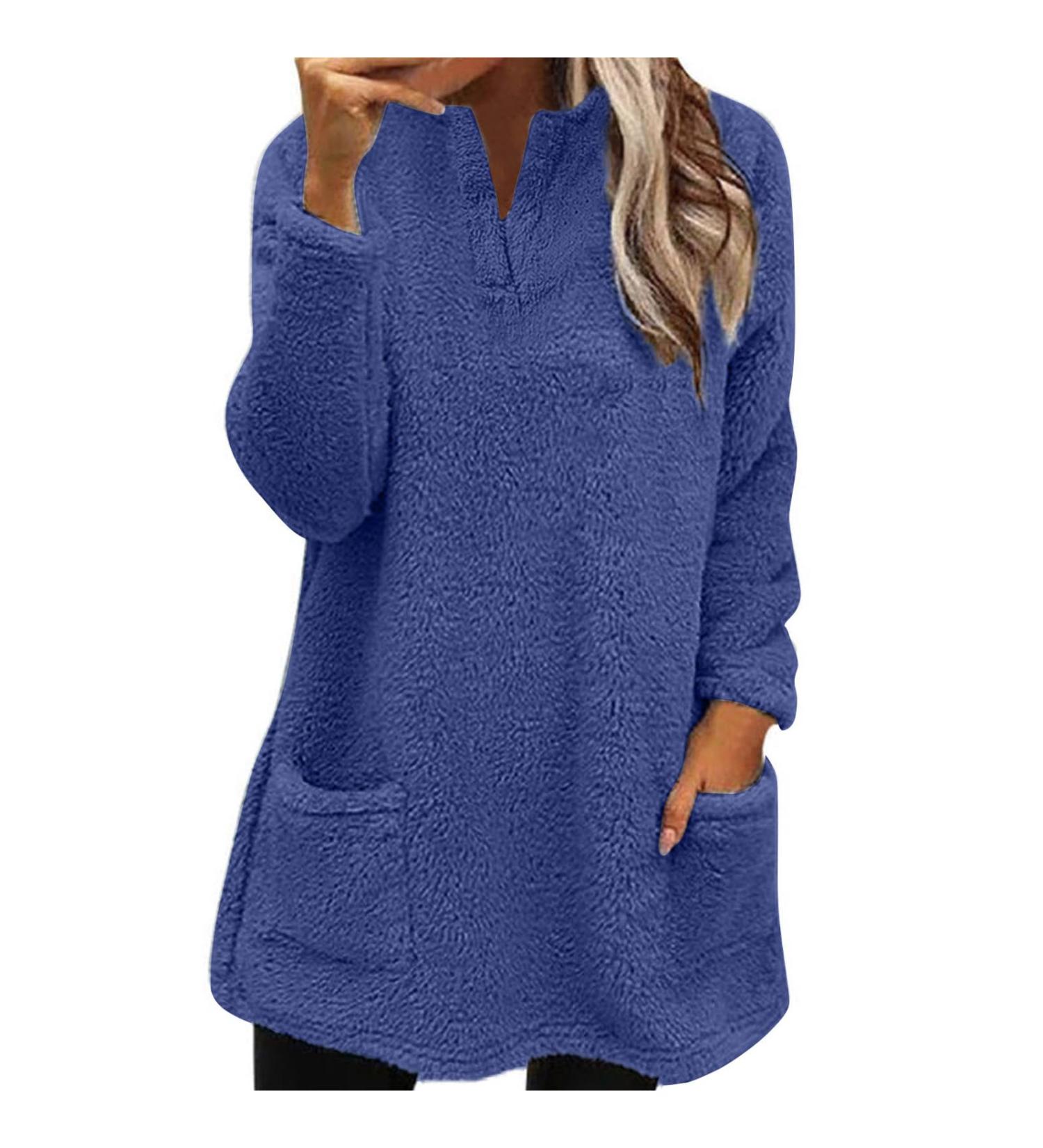 AMhomely Ladies Soft Teddy Fleece Hooded Jumper - Plus Size Double Fleece V-Neck Sweatshirt with Pocket, Winter Lounge Tops - Buy Online on GoSupps.com